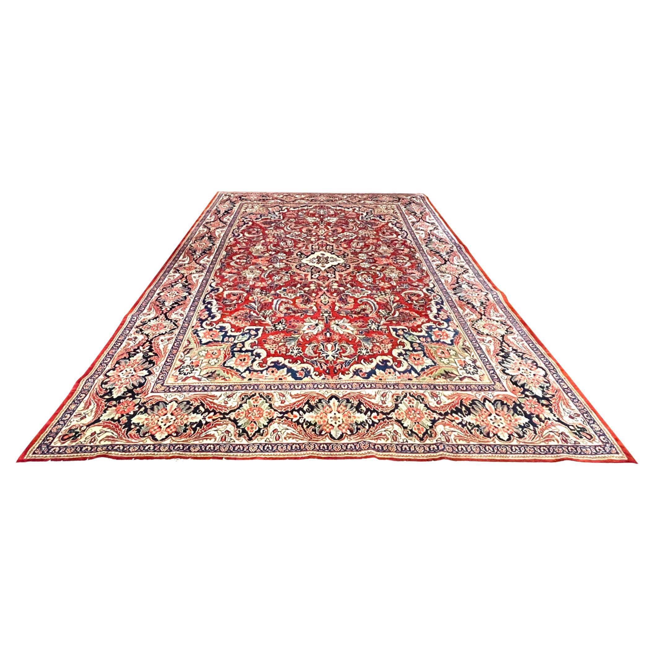Authentic Persian Hand Knotted Red Floral Sarouk Mahal Rug, circa 1960 For Sale