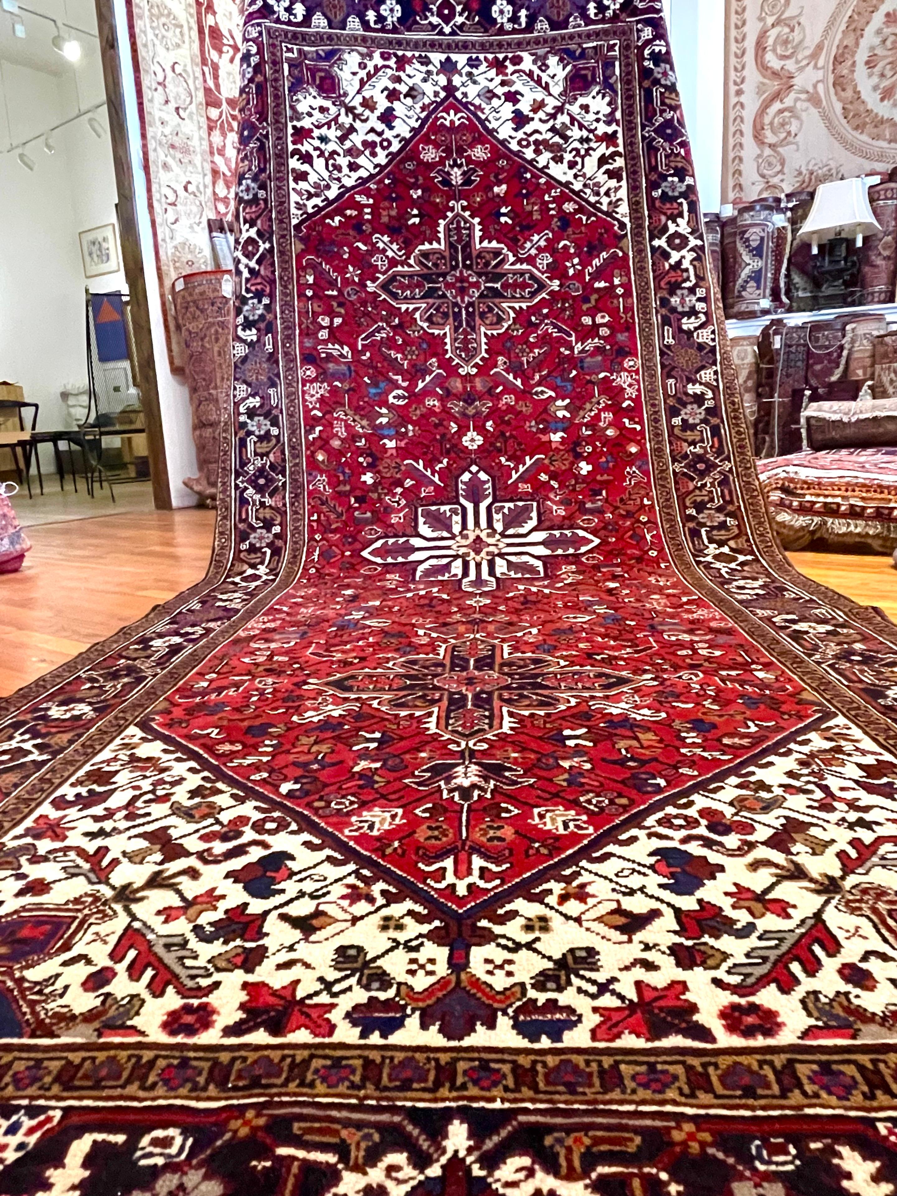 Authentic Persian Hand Knotted Red Geometric Heriz Rug 1960 In Good Condition For Sale In San Diego, CA