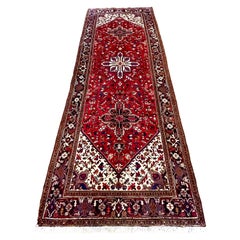 Authentic Persian Hand Knotted Red Geometric Heriz Rug 1960