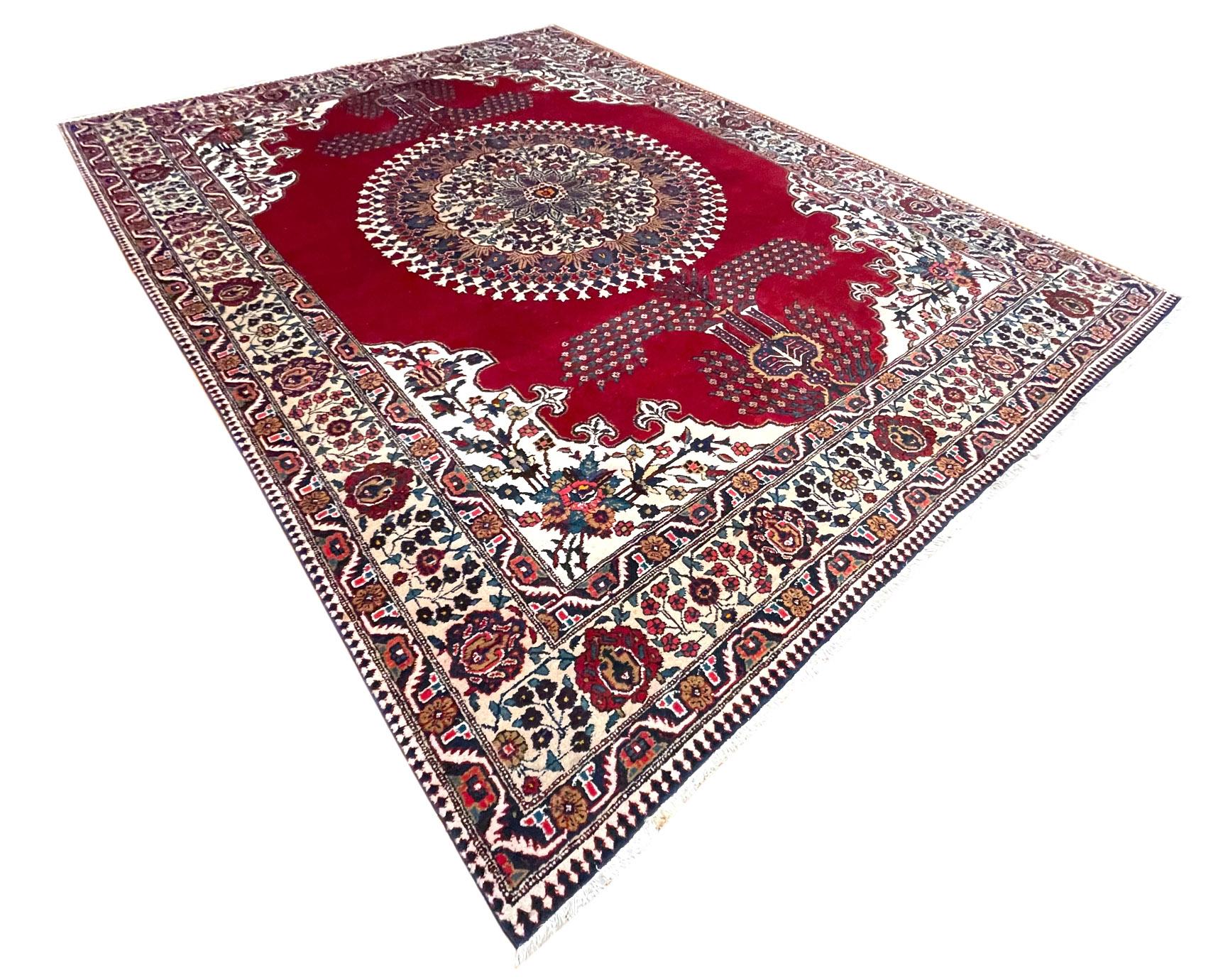Authentique tapis persan Heriz semi-floweral rouge noué à la main, vers 1960 en vente 3