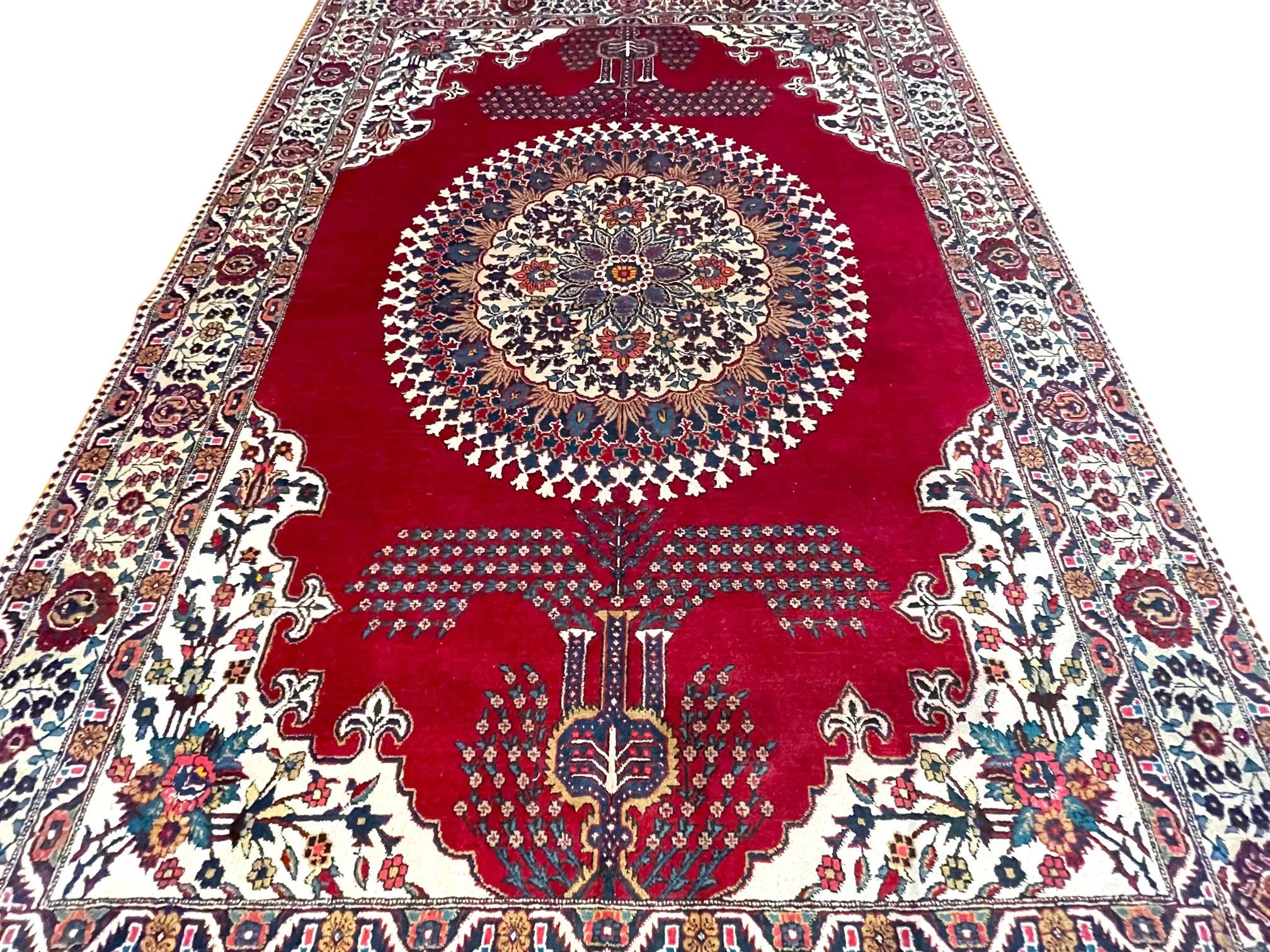 Hand-Knotted Authentic Persian Hand Knotted Red Semi Floral Heriz Rug, Circa 1960 For Sale