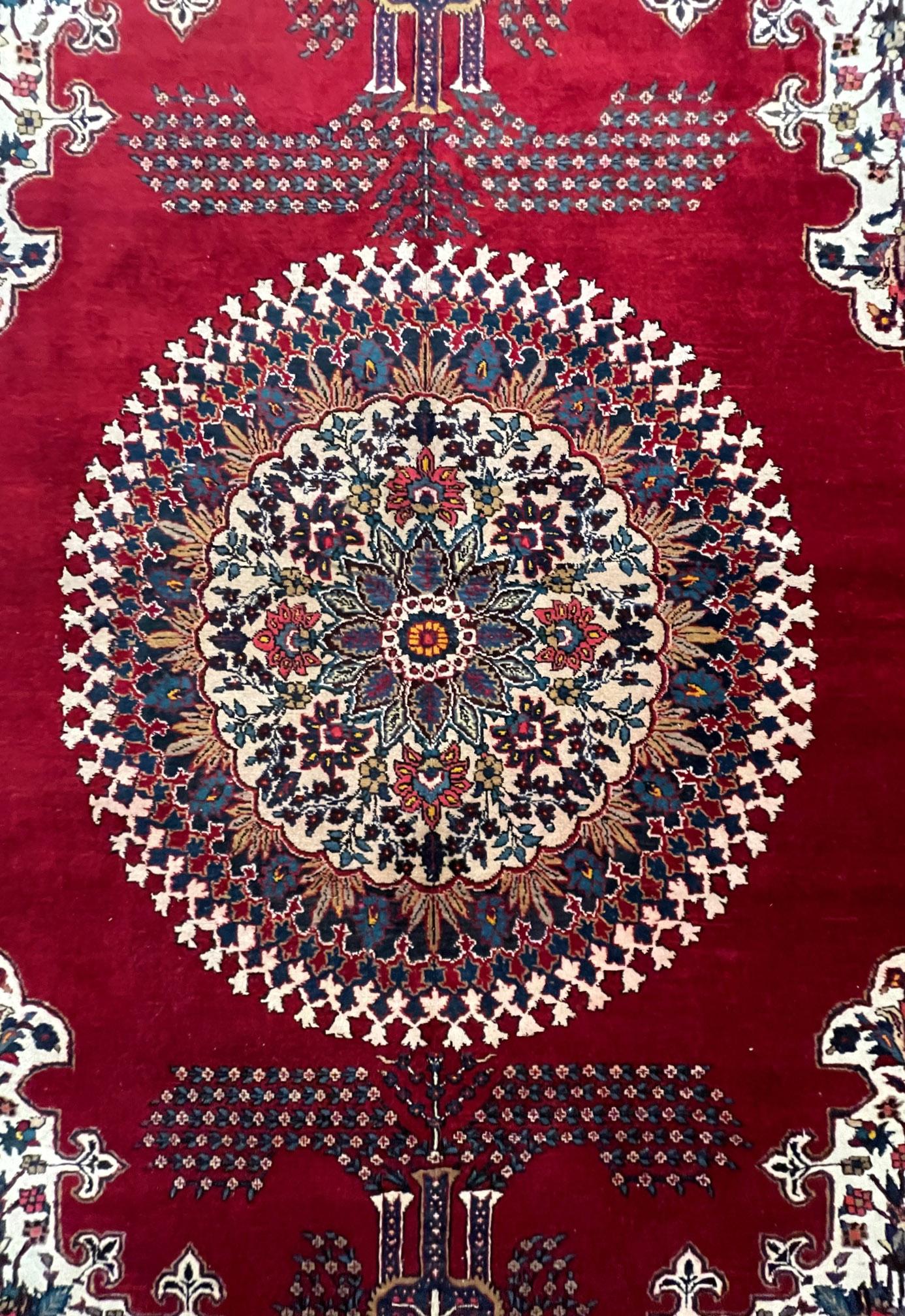 Wool Authentic Persian Hand Knotted Red Semi Floral Heriz Rug, Circa 1960 For Sale