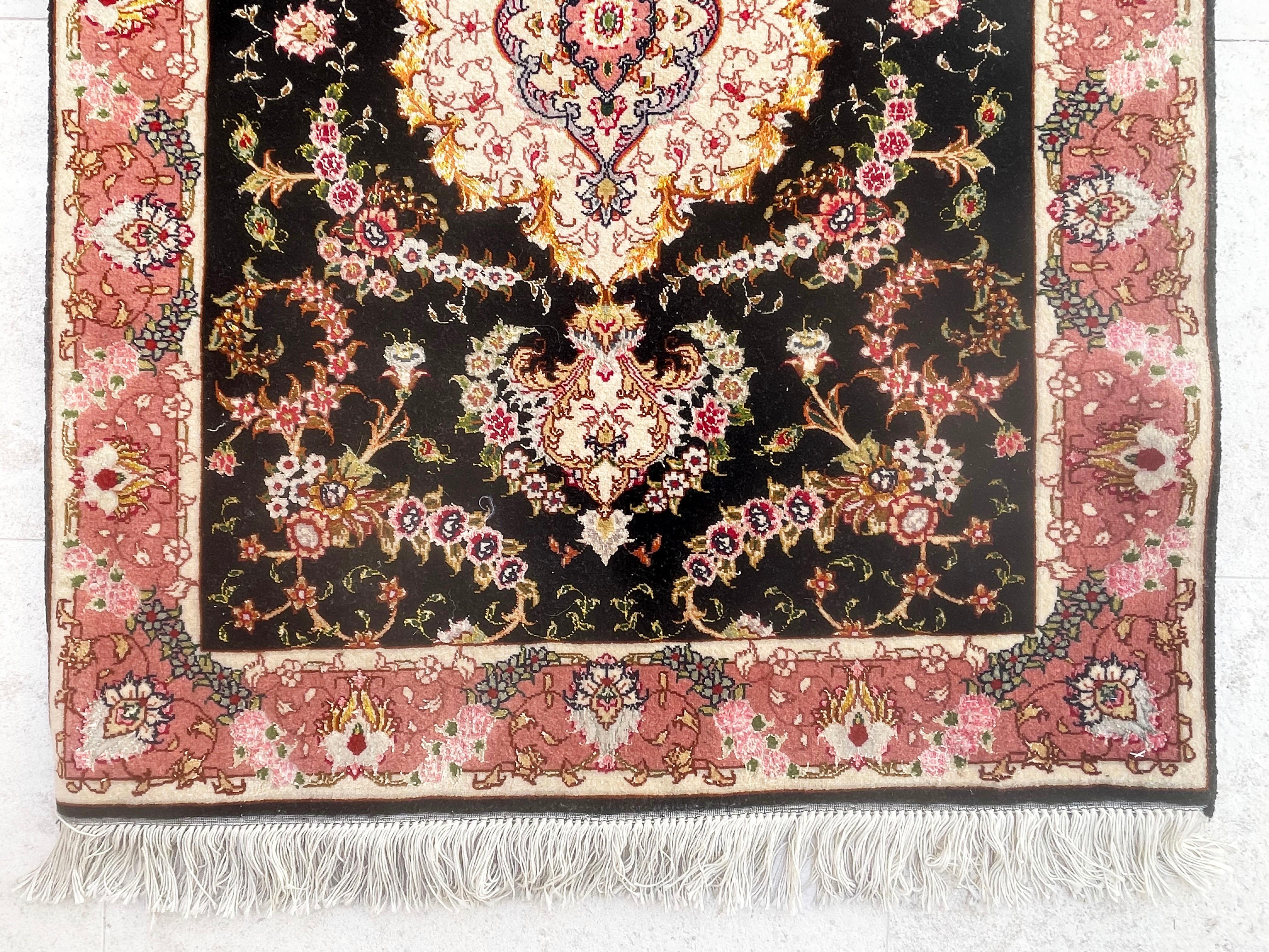 Authentic Persian Hand Knotted Repeated Medallion Floral Tabriz Black Runner Rug For Sale 4