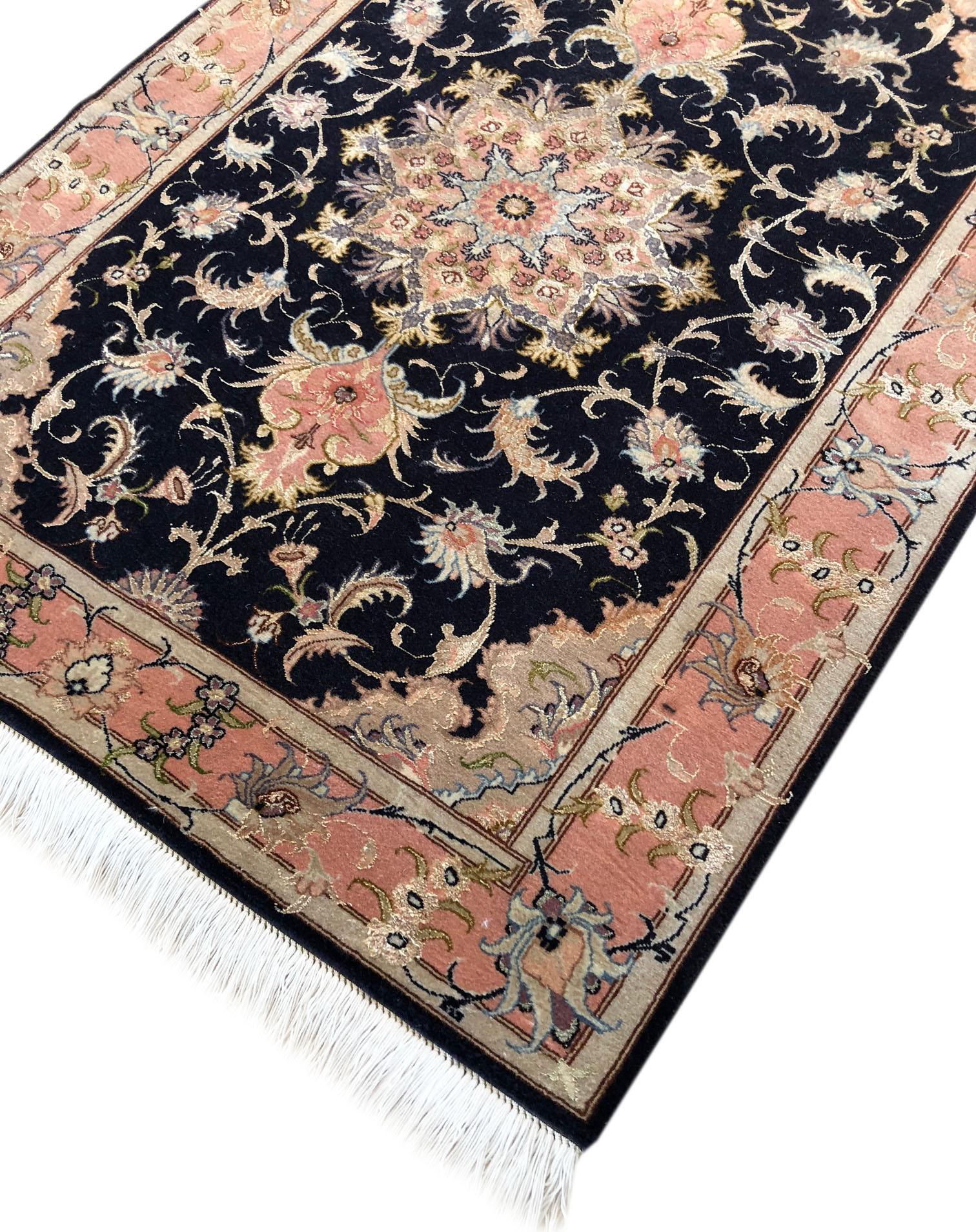 Authentic Persian Hand Knotted Repeated Medallion Floral Tabriz Black Runner Rug For Sale 6