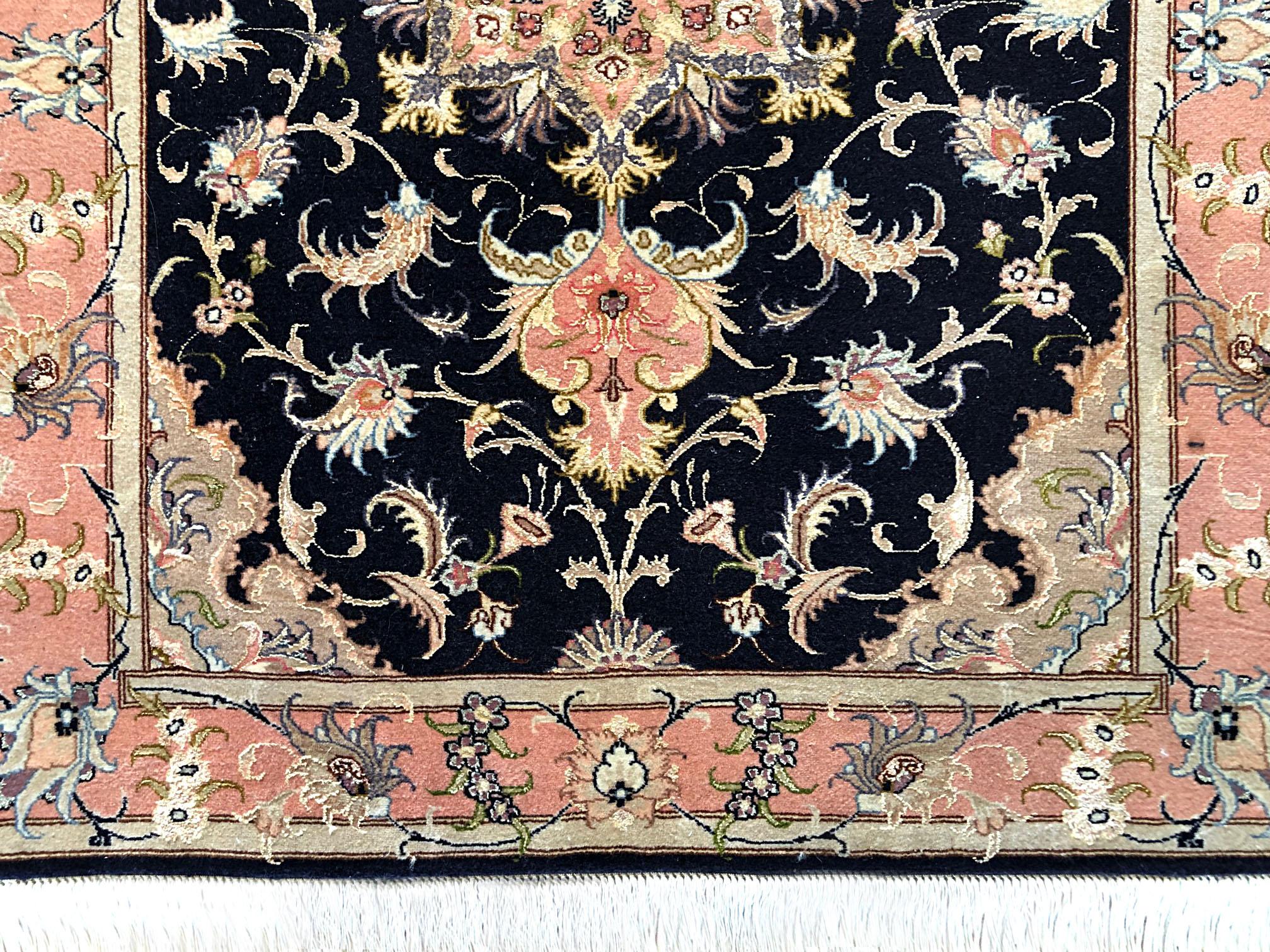 Authentic Persian Hand Knotted Repeated Medallion Floral Tabriz Black Runner Rug For Sale 9