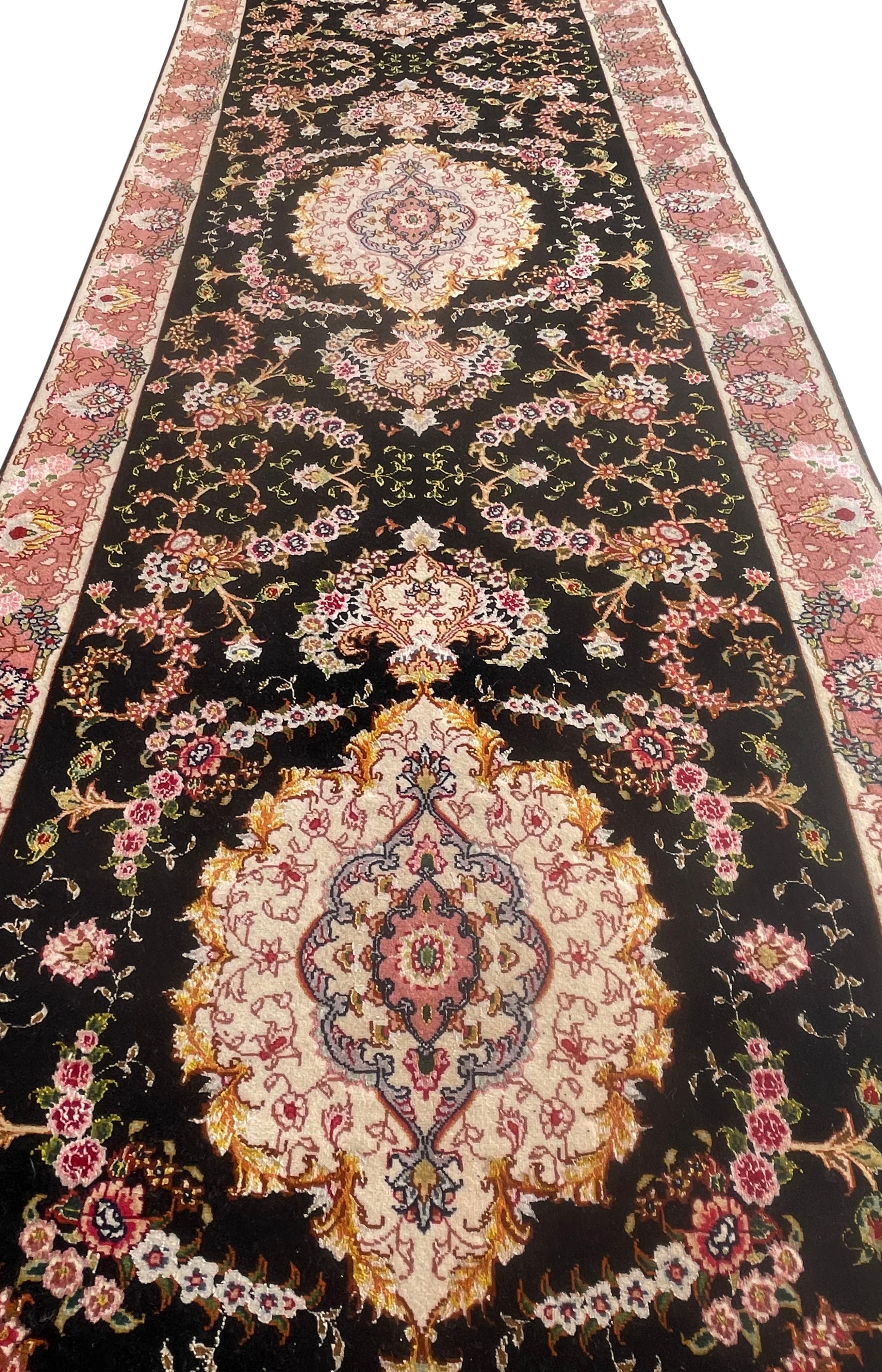Hand-Knotted Authentic Persian Hand Knotted Repeated Medallion Floral Tabriz Black Runner Rug For Sale