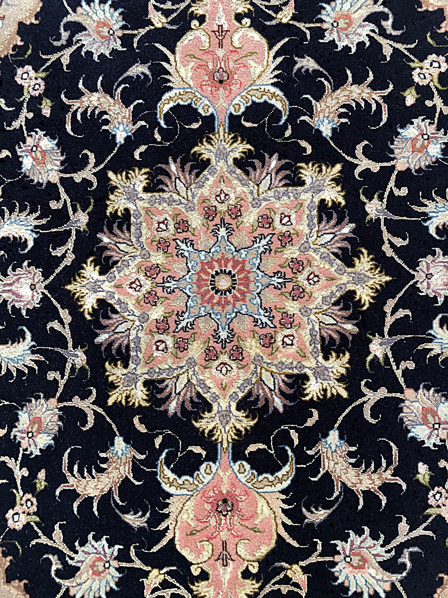 Authentic Persian Hand Knotted Repeated Medallion Floral Tabriz Black Runner Rug In New Condition For Sale In San Diego, CA