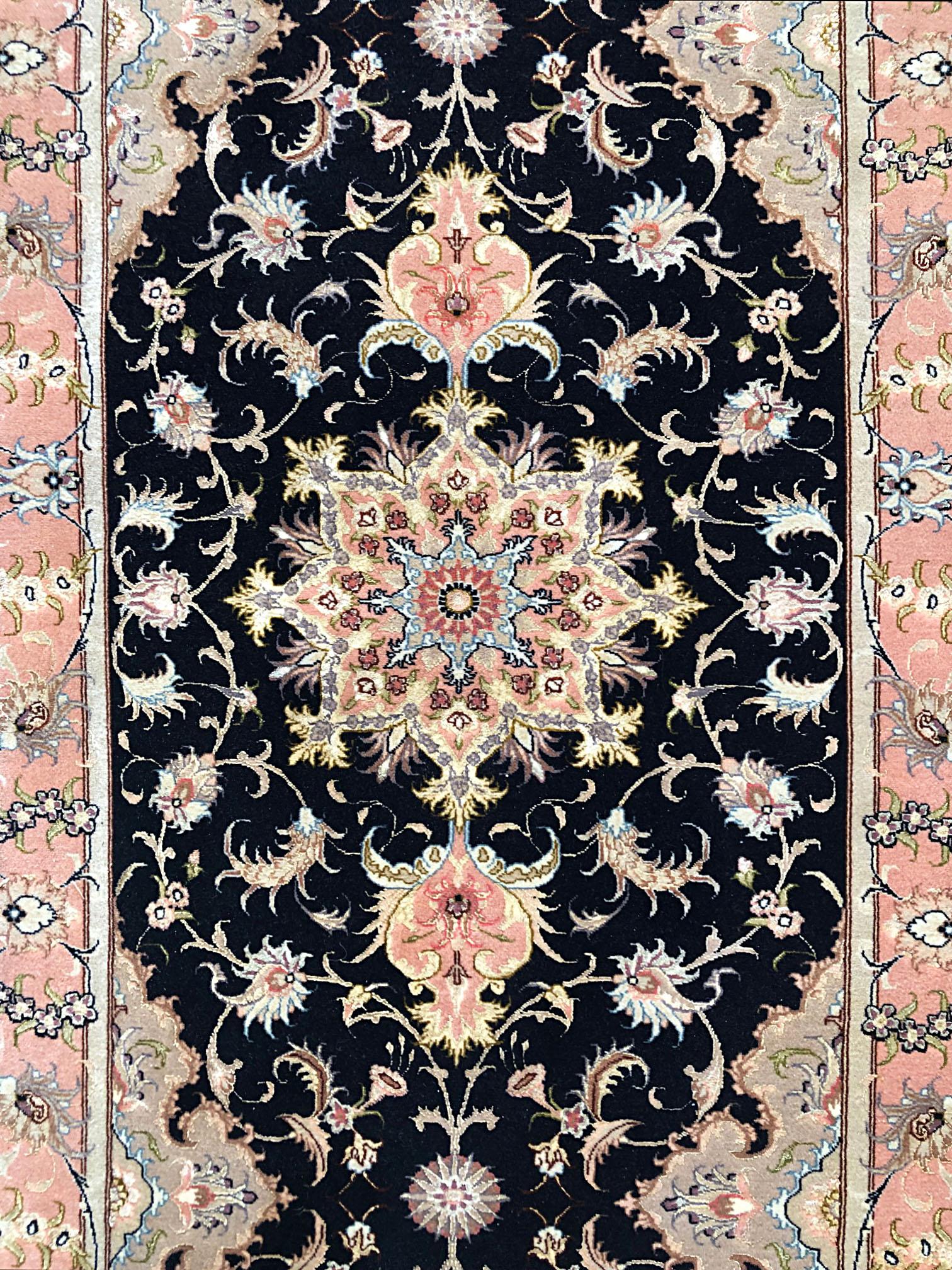 Contemporary Authentic Persian Hand Knotted Repeated Medallion Floral Tabriz Black Runner Rug For Sale