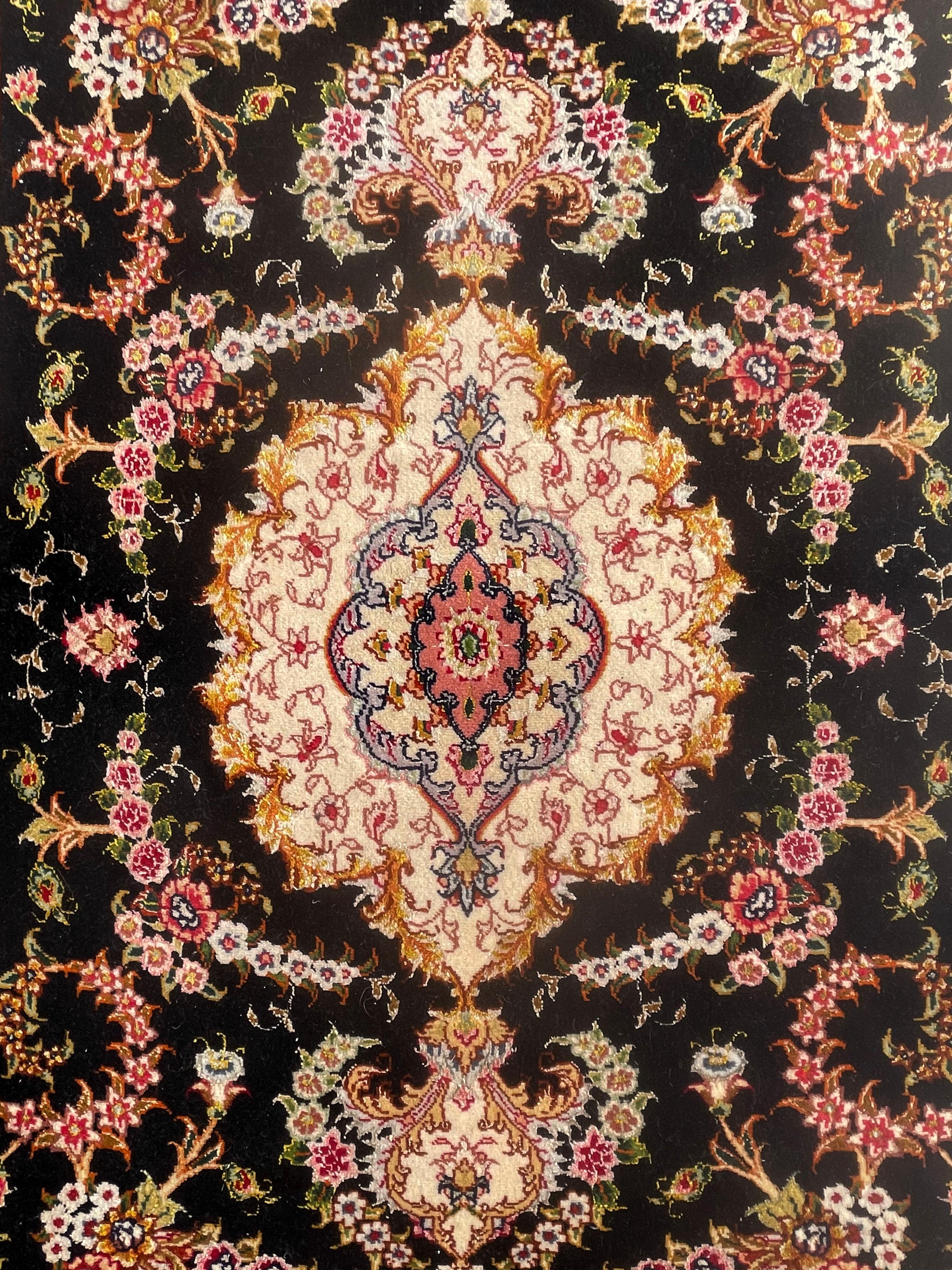 Contemporary Authentic Persian Hand Knotted Repeated Medallion Floral Tabriz Black Runner Rug For Sale