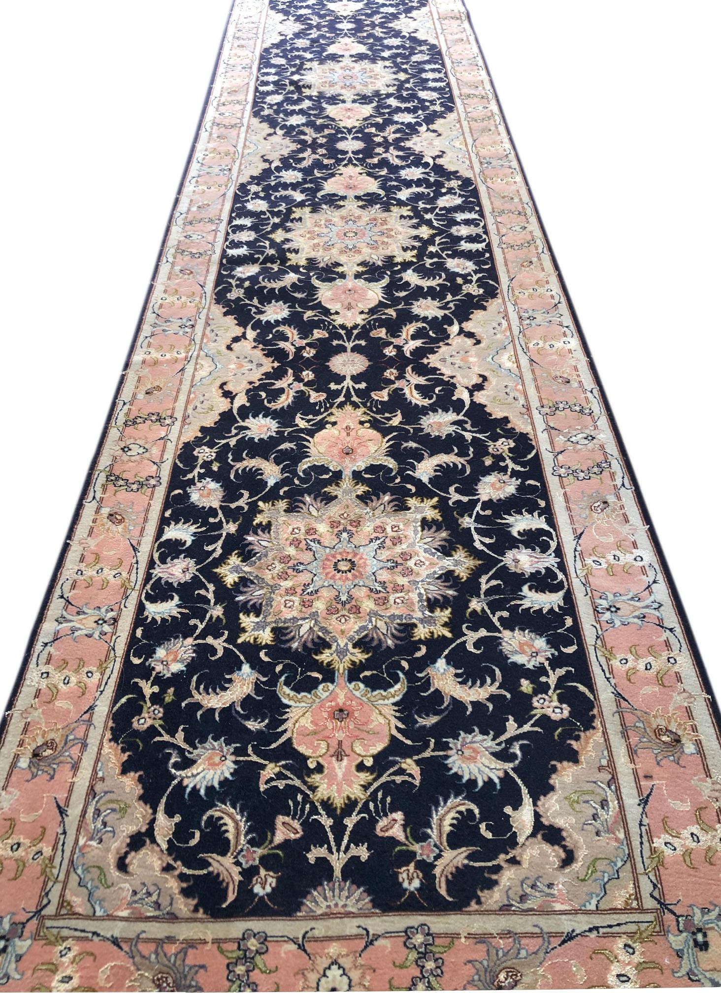 Wool Authentic Persian Hand Knotted Repeated Medallion Floral Tabriz Black Runner Rug For Sale