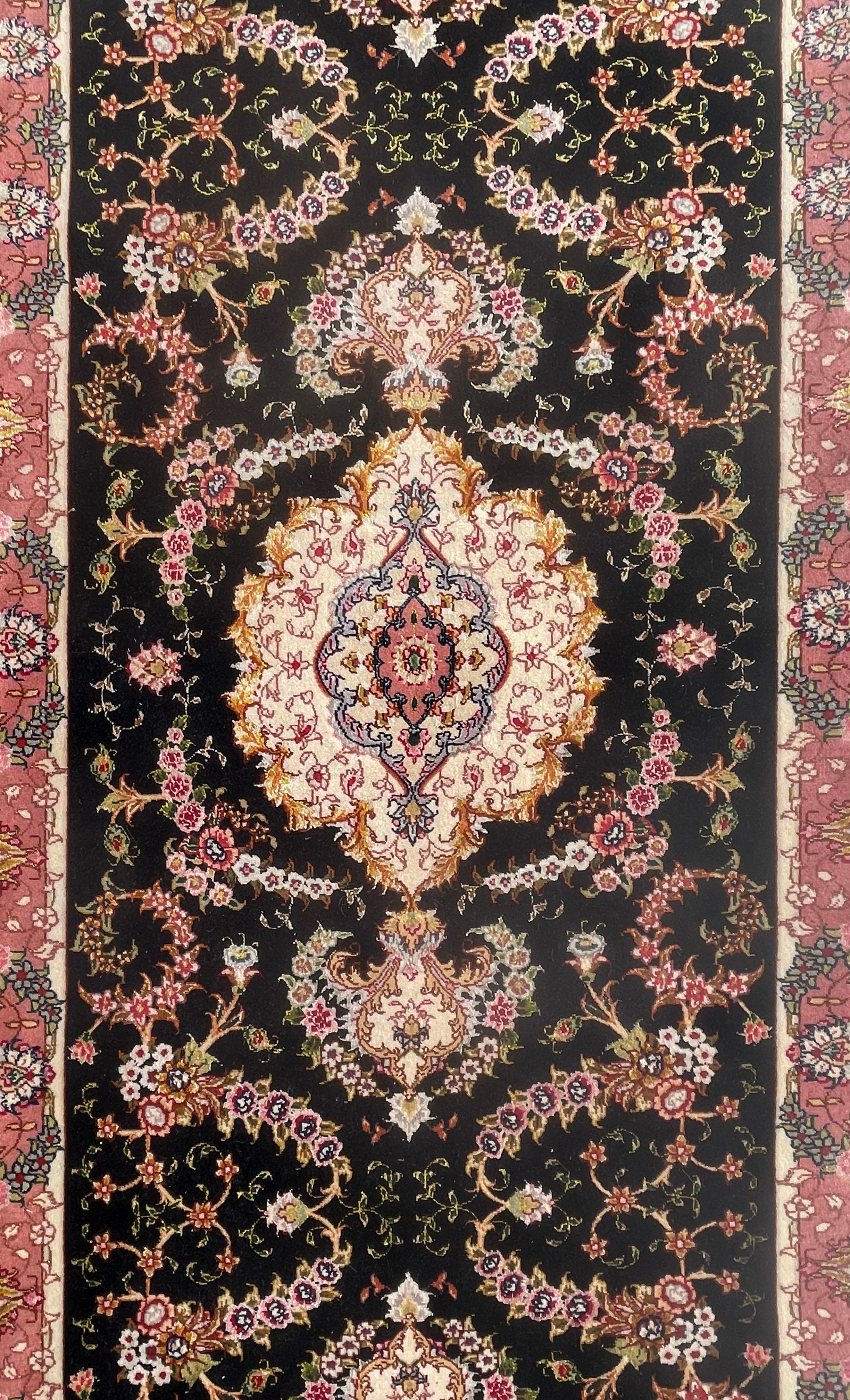 Authentic Persian Hand Knotted Repeated Medallion Floral Tabriz Black Runner Rug For Sale 1