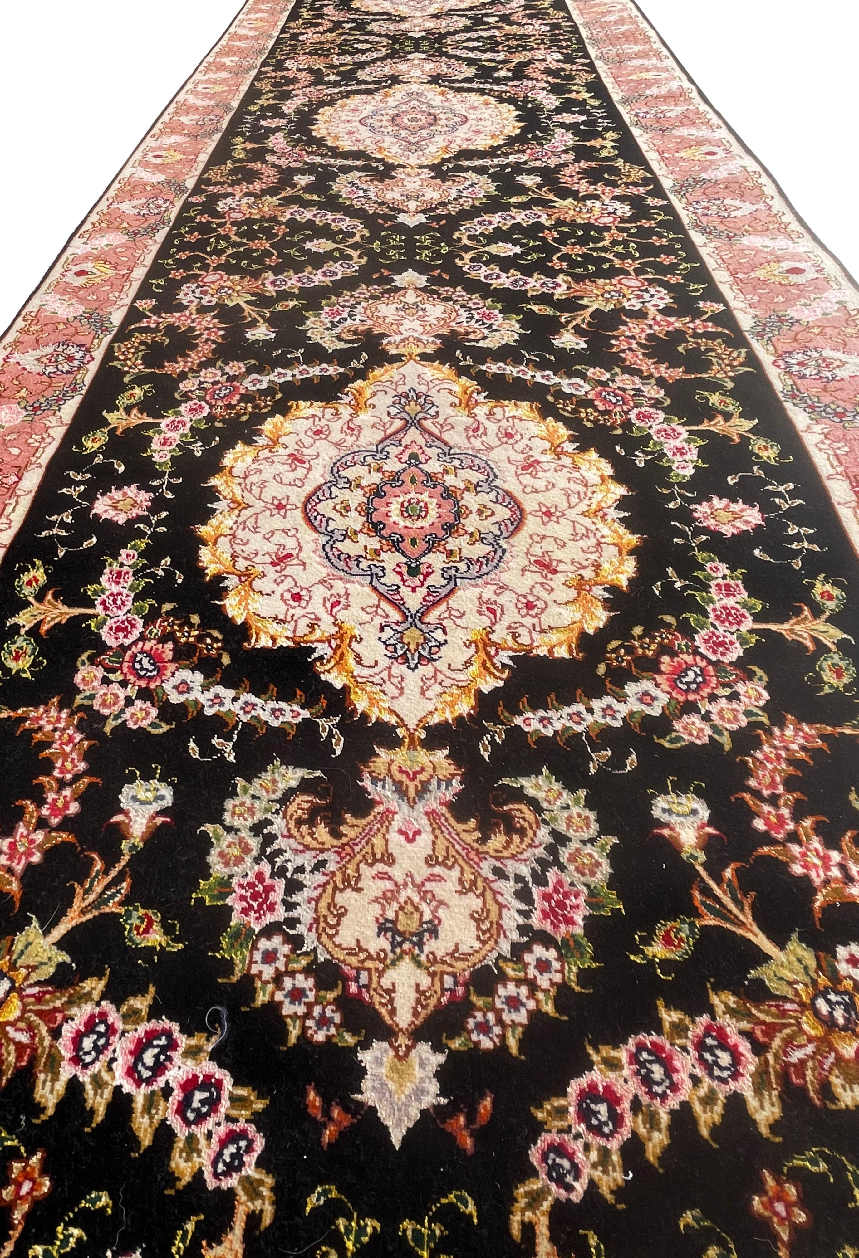 Authentic Persian Hand Knotted Repeated Medallion Floral Tabriz Black Runner Rug For Sale 2