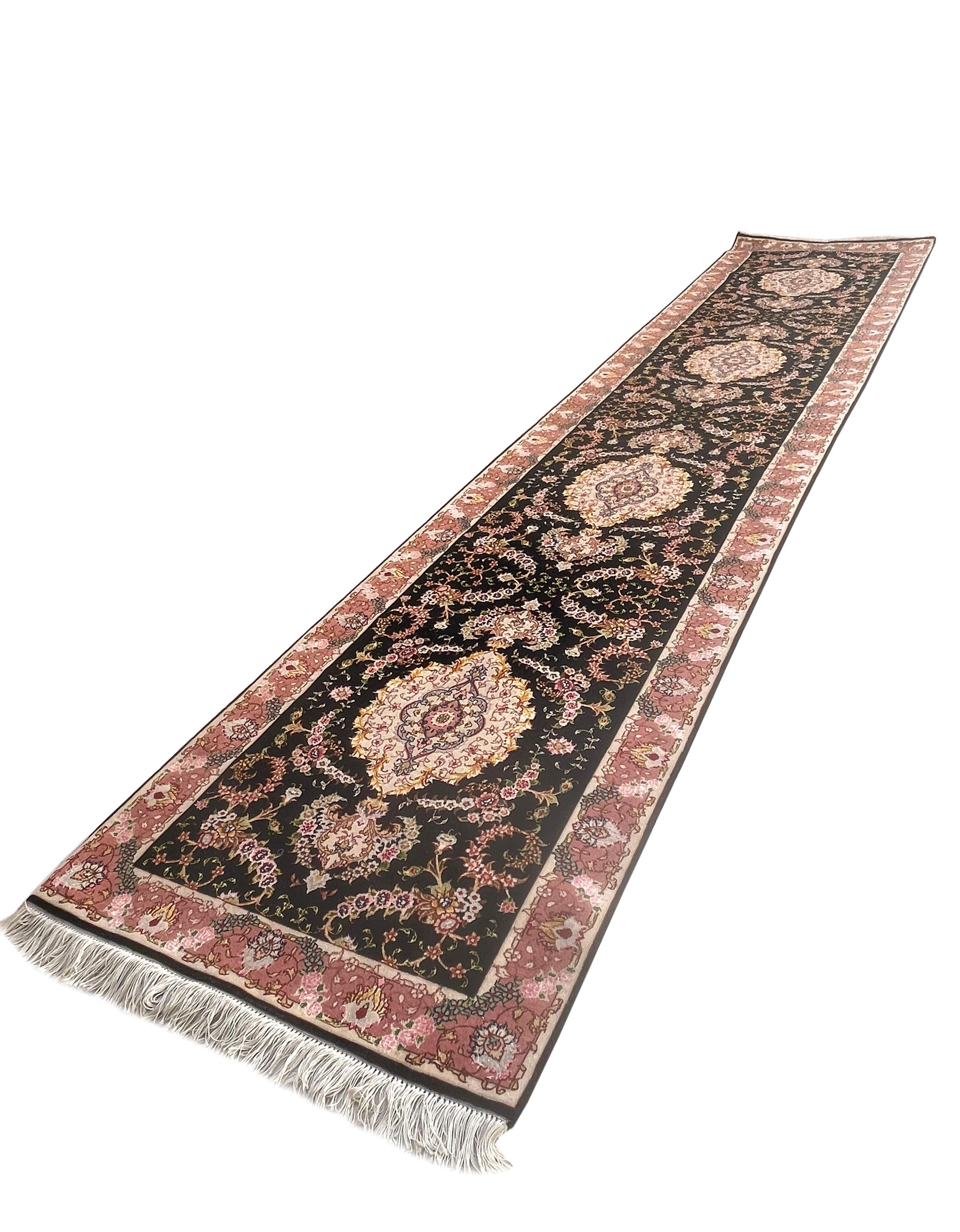 Authentic Persian Hand Knotted Repeated Medallion Floral Tabriz Black Runner Rug For Sale 3