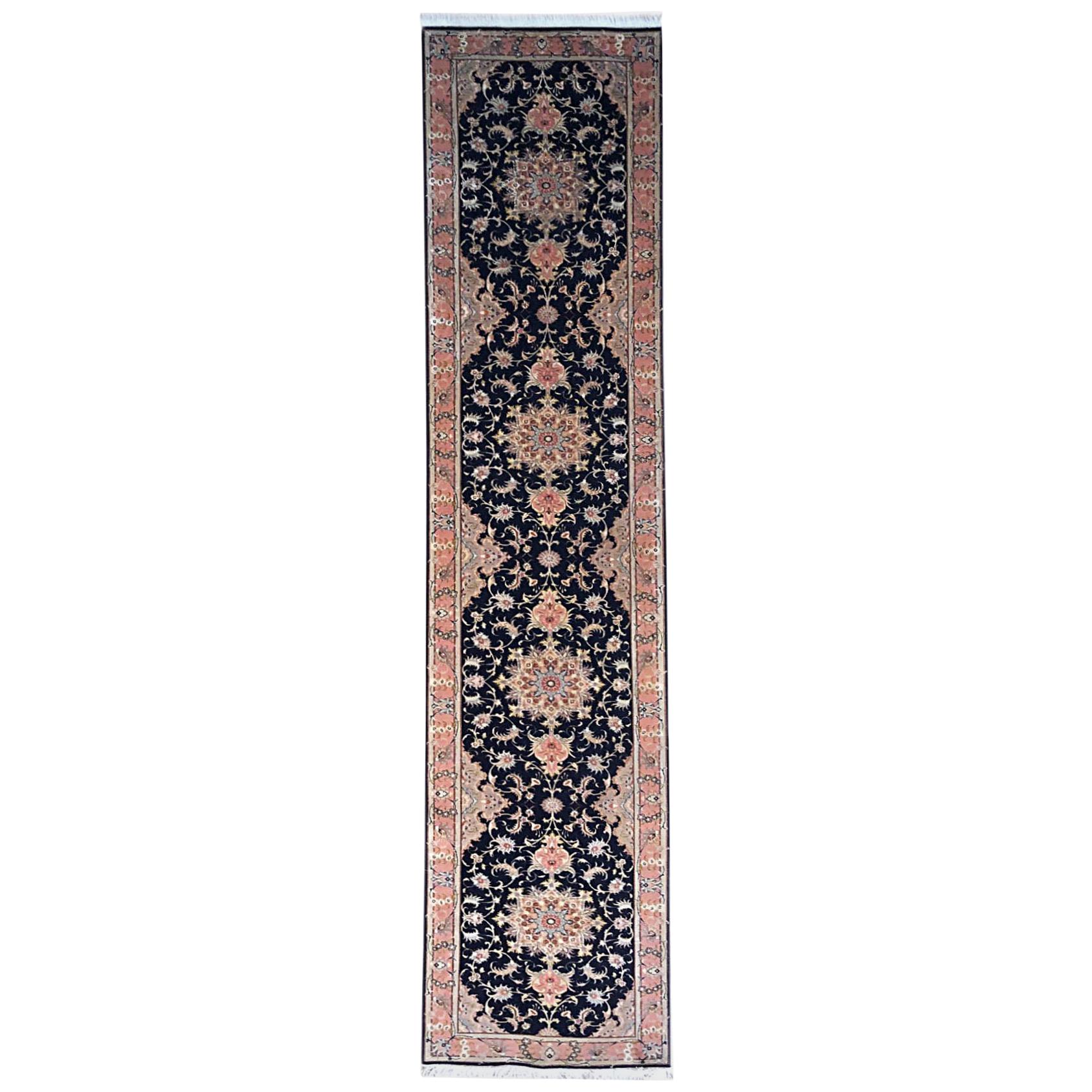Authentic Persian Hand Knotted Repeated Medallion Floral Tabriz Black Runner Rug