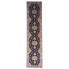 Authentic Persian Hand Knotted Repeated Medallion Floral Tabriz Black Runner Rug