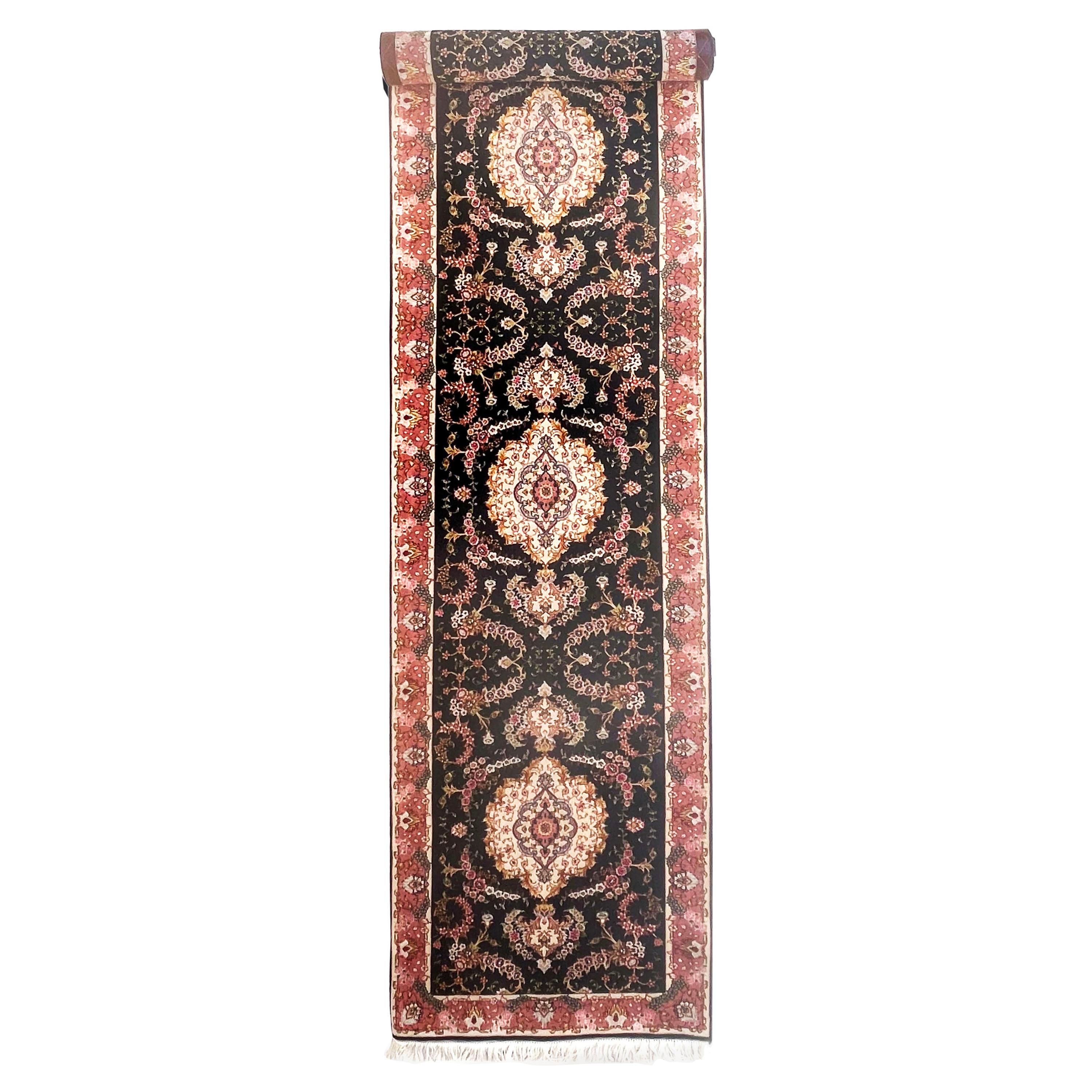 Authentic Persian Hand Knotted Repeated Medallion Floral Tabriz Black Runner Rug For Sale