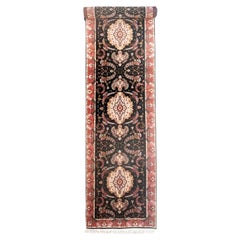 Authentic Persian Hand Knotted Repeated Medallion Floral Tabriz Black Runner Rug