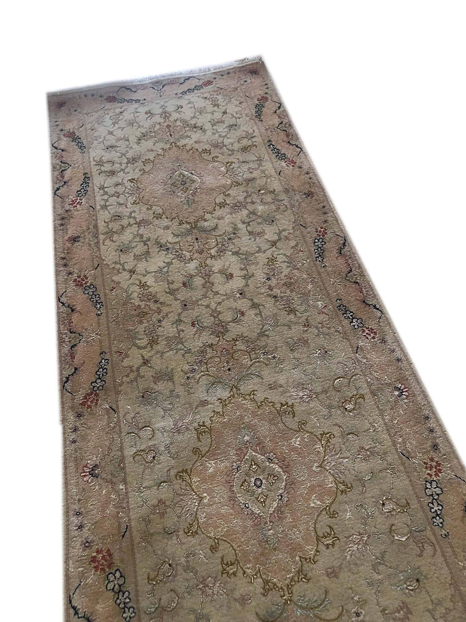 Authentic Persian Hand Knotted Repeated Medallion Floral Tabriz Runner Rug For Sale 5
