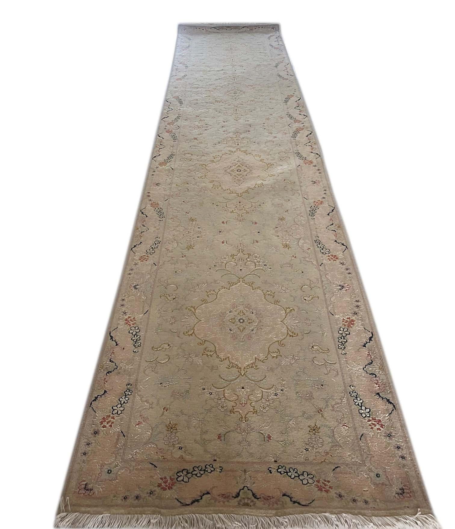Wool Authentic Persian Hand Knotted Repeated Medallion Floral Tabriz Runner Rug For Sale