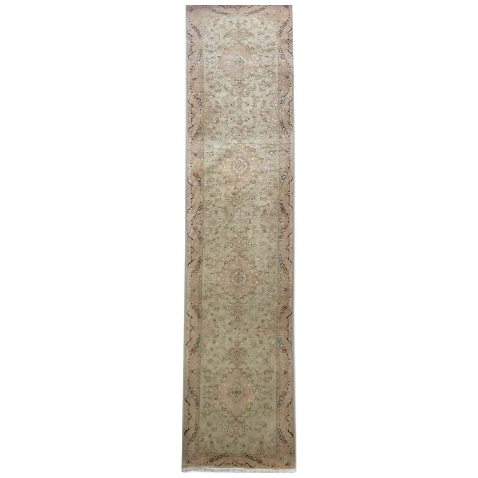 Authentic Persian Hand Knotted Repeated Medallion Floral Tabriz Runner Rug For Sale