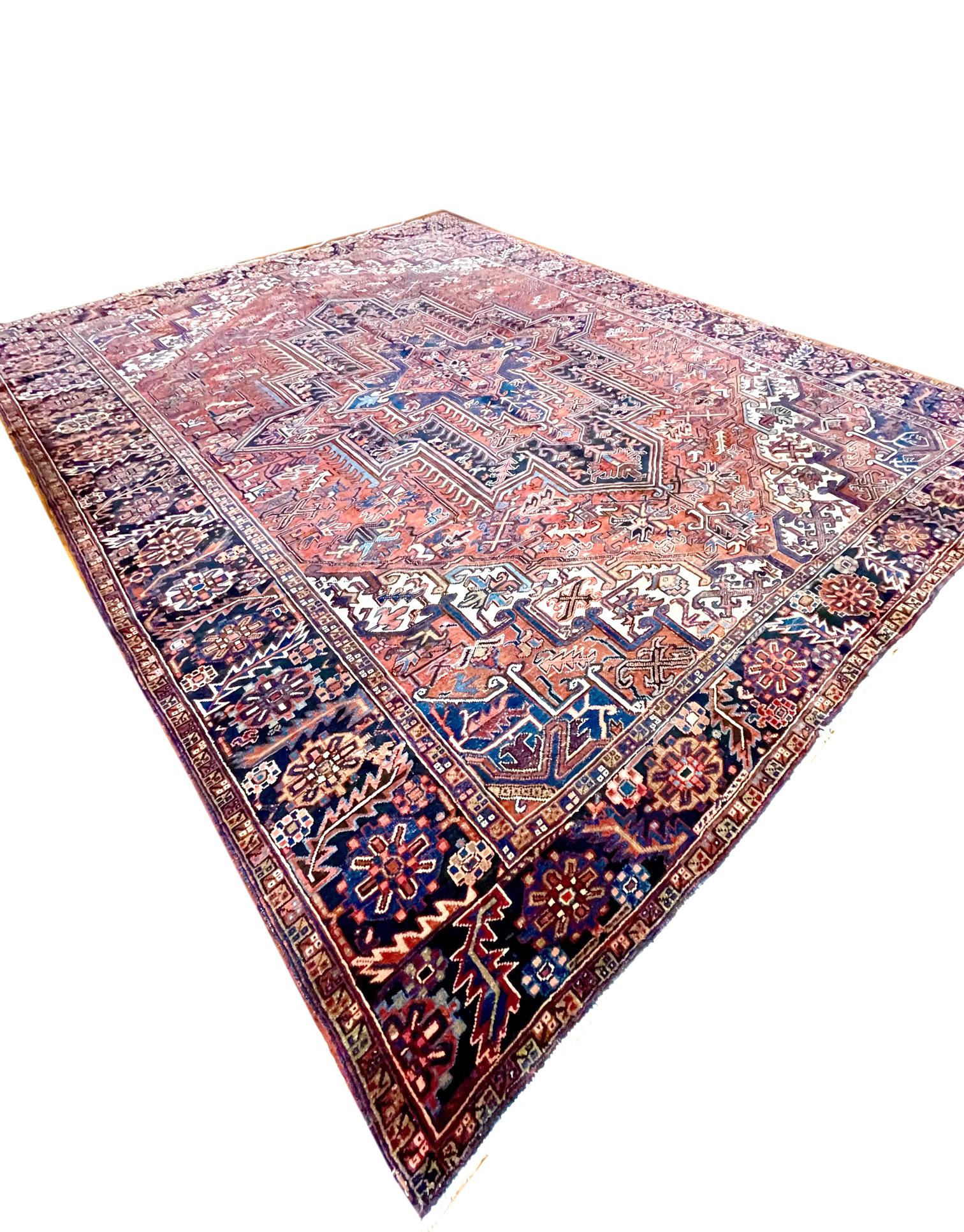 Authentic Persian Hand Knotted Rust Blue Geometric Heriz Rug Circa 1960 For Sale 4