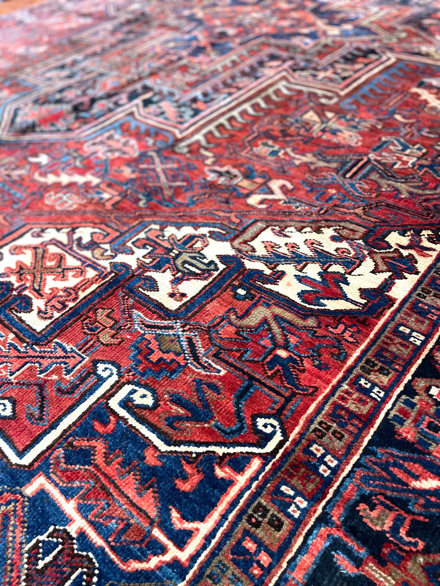 Authentic Persian Hand Knotted Rust Blue Geometric Heriz Rug Circa 1960 For Sale 6