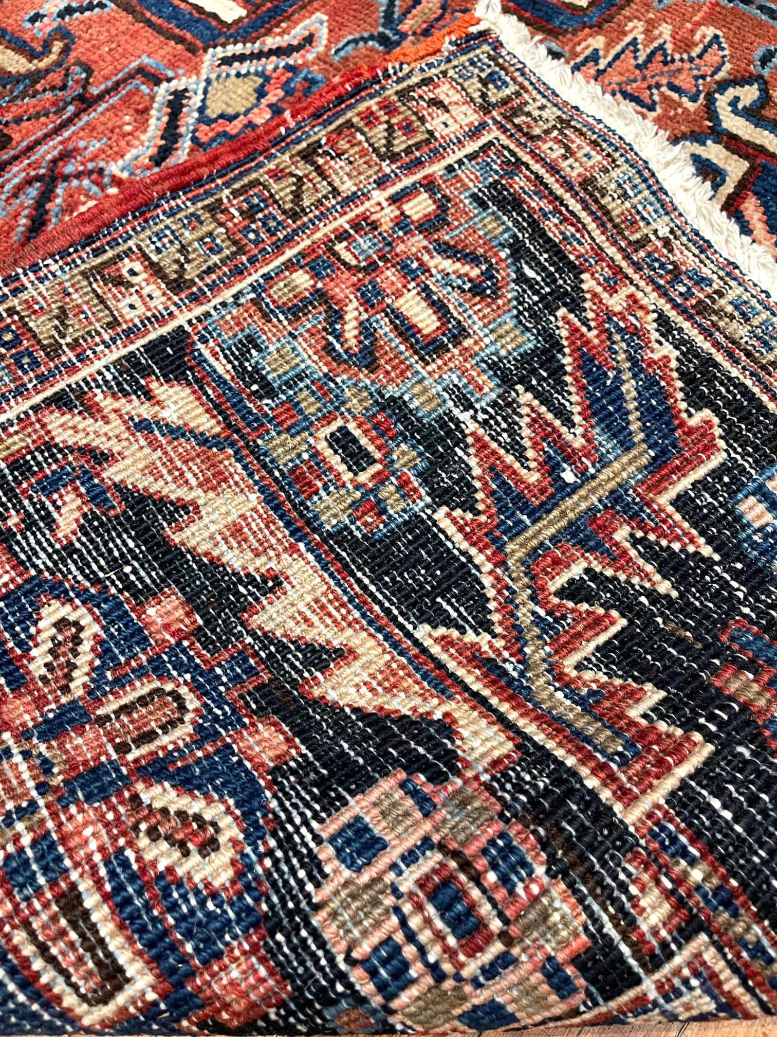 Authentic Persian Hand Knotted Rust Blue Geometric Heriz Rug Circa 1960 For Sale 7