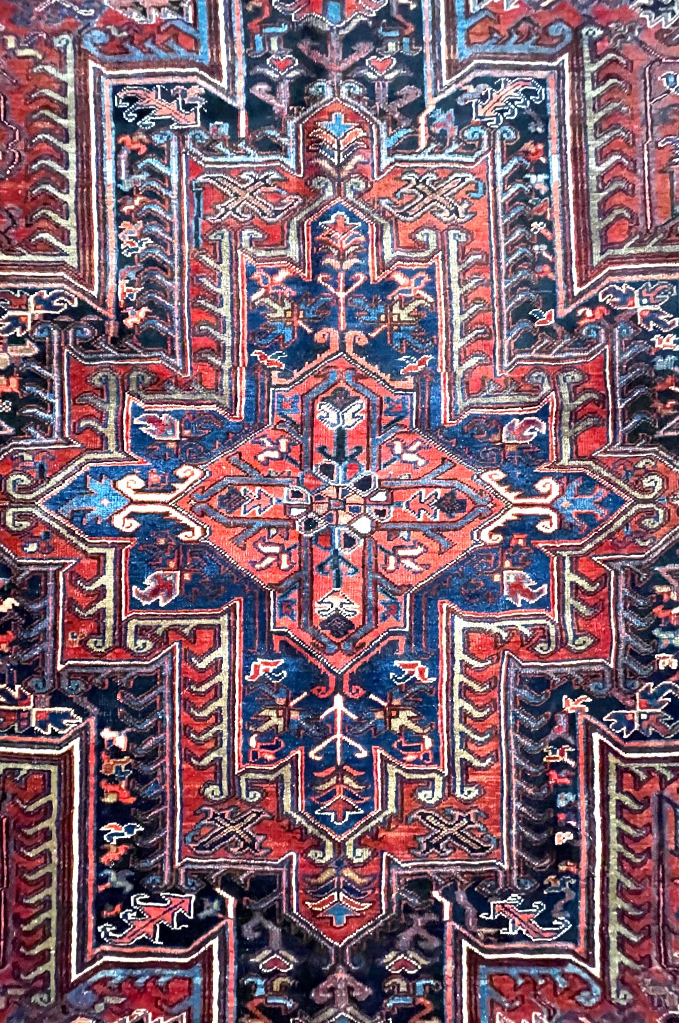 Hand-Knotted Authentic Persian Hand Knotted Rust Blue Geometric Heriz Rug Circa 1960 For Sale