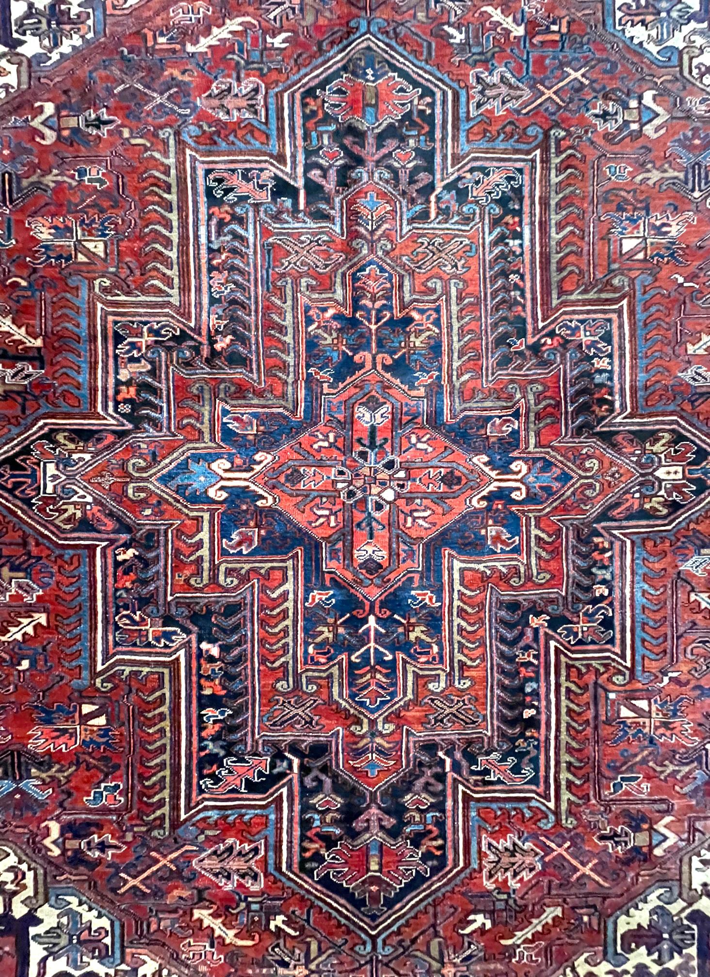 Authentic Persian Hand Knotted Rust Blue Geometric Heriz Rug Circa 1960 In Good Condition For Sale In San Diego, CA