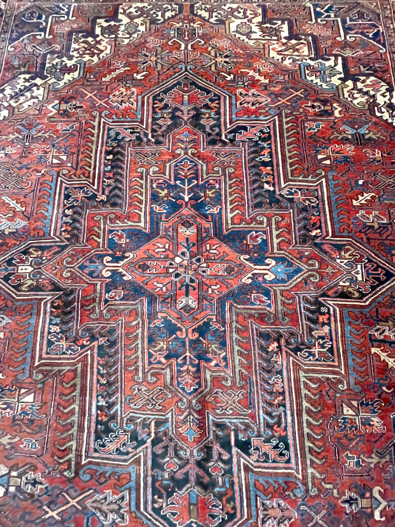 Mid-20th Century Authentic Persian Hand Knotted Rust Blue Geometric Heriz Rug Circa 1960 For Sale