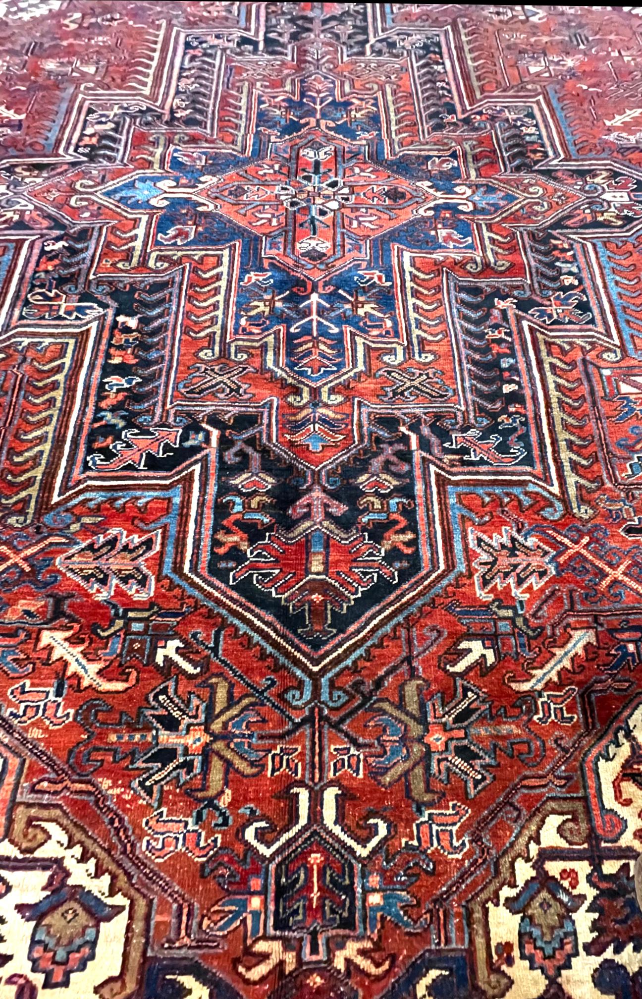 Wool Authentic Persian Hand Knotted Rust Blue Geometric Heriz Rug Circa 1960 For Sale