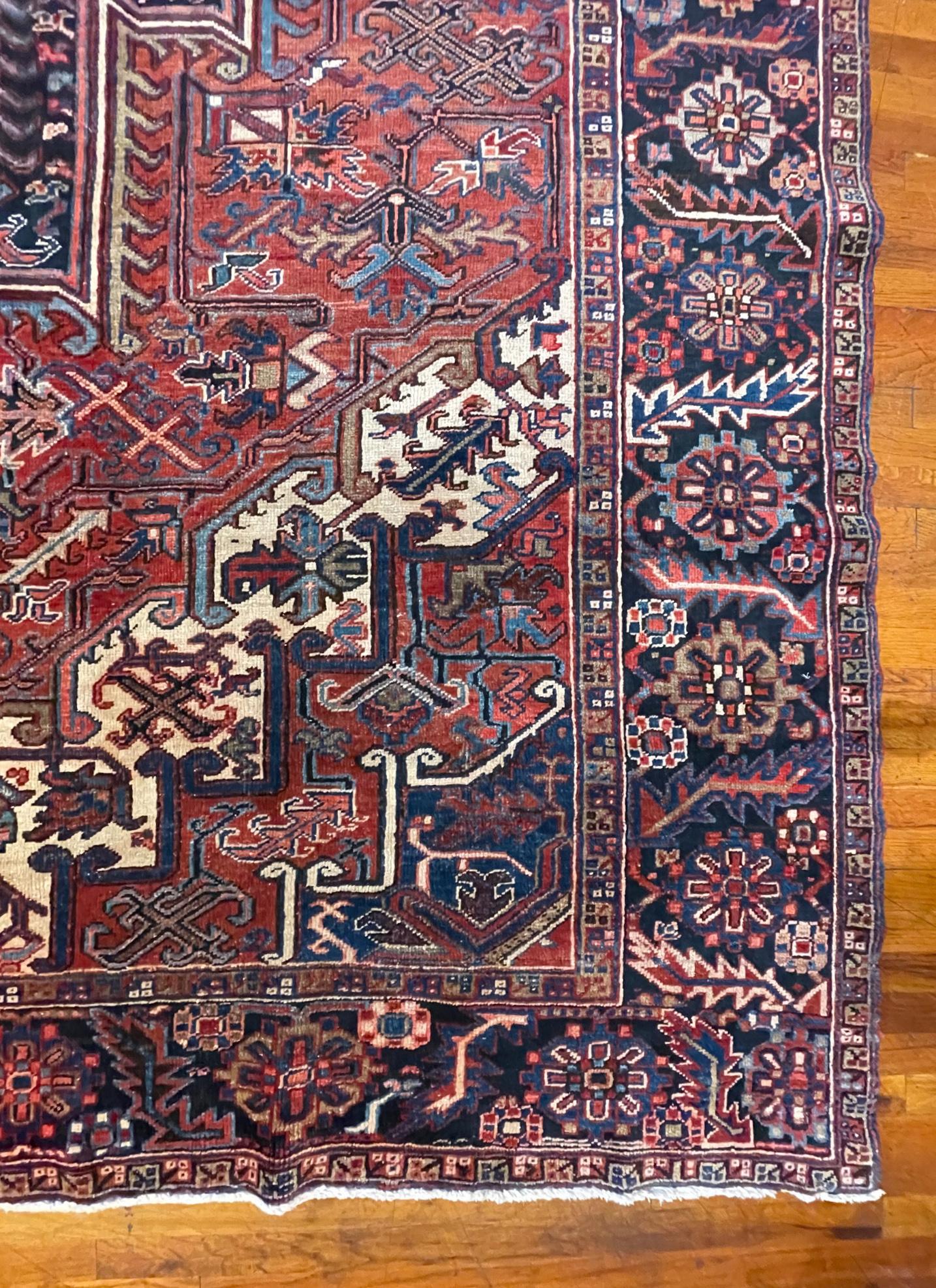 Authentic Persian Hand Knotted Rust Blue Geometric Heriz Rug Circa 1960 For Sale 3