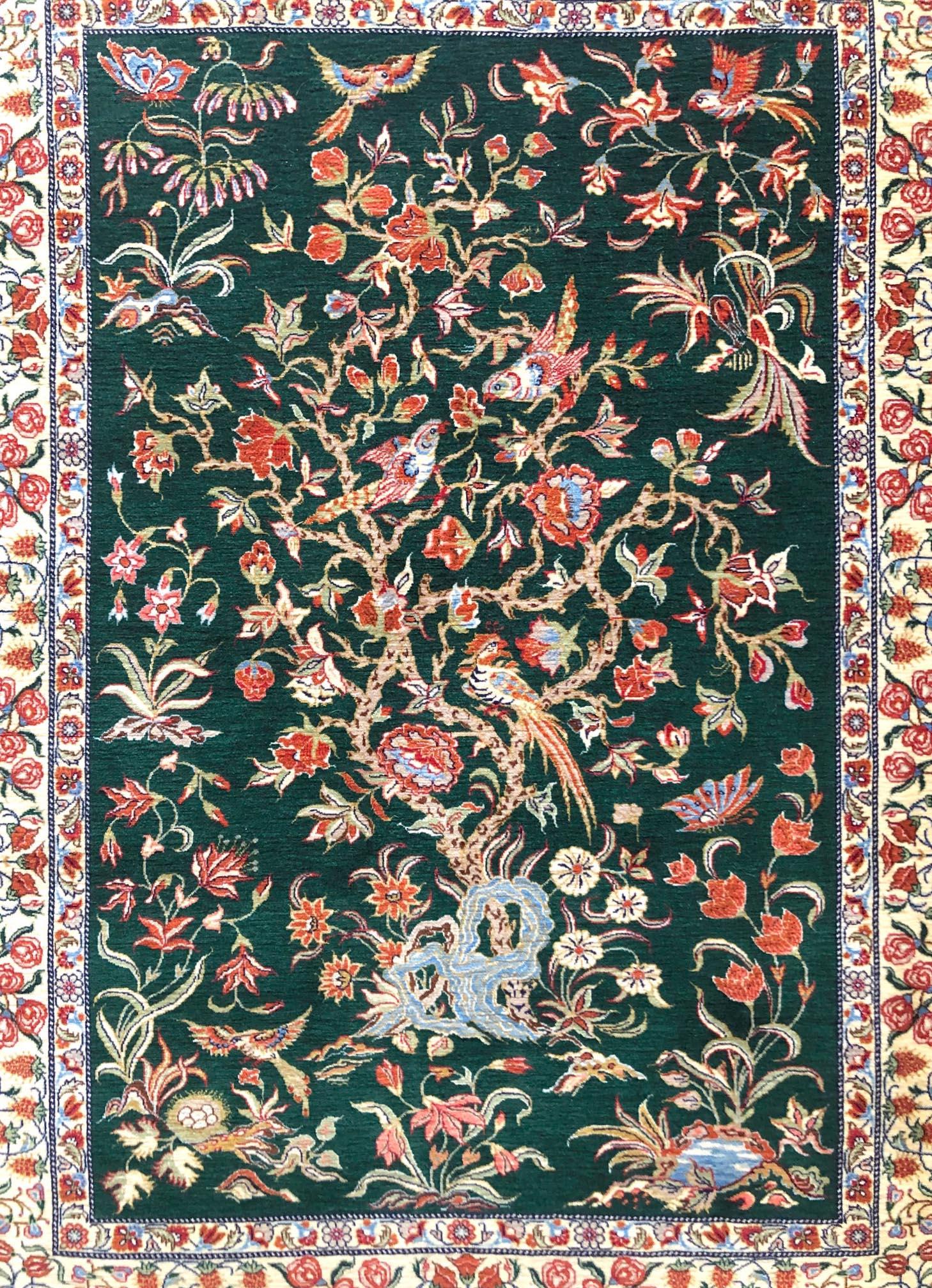 Perse Authentique tapis persan noué à la main Tree of Life Green Qum en vente