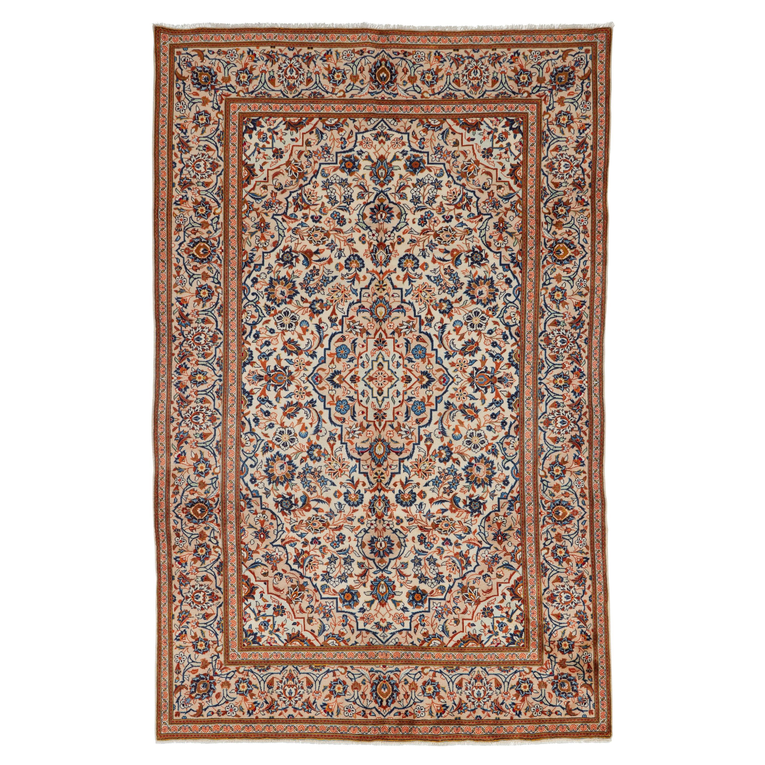 Autentico tappeto persiano Kashan in lana annodata a mano di colore avorio, 6
6" x 10
5".