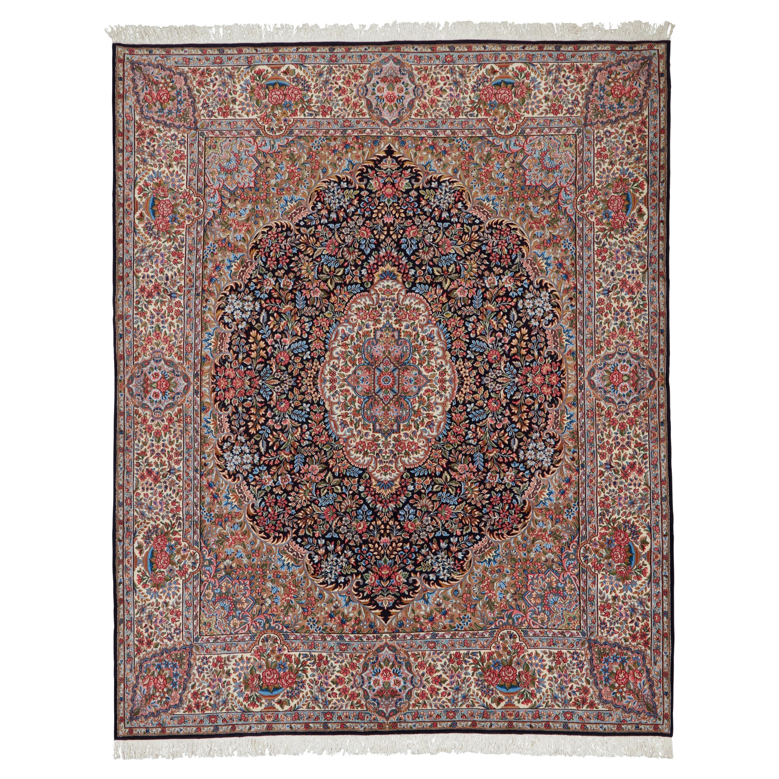 Autentico tappeto persiano Kerman annodato a mano in lana blu 8
0" x 10
0"