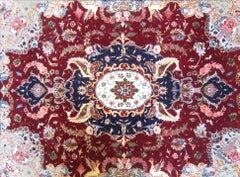 Authentic Persian Medallion Floral Red Blue Tabriz Rug