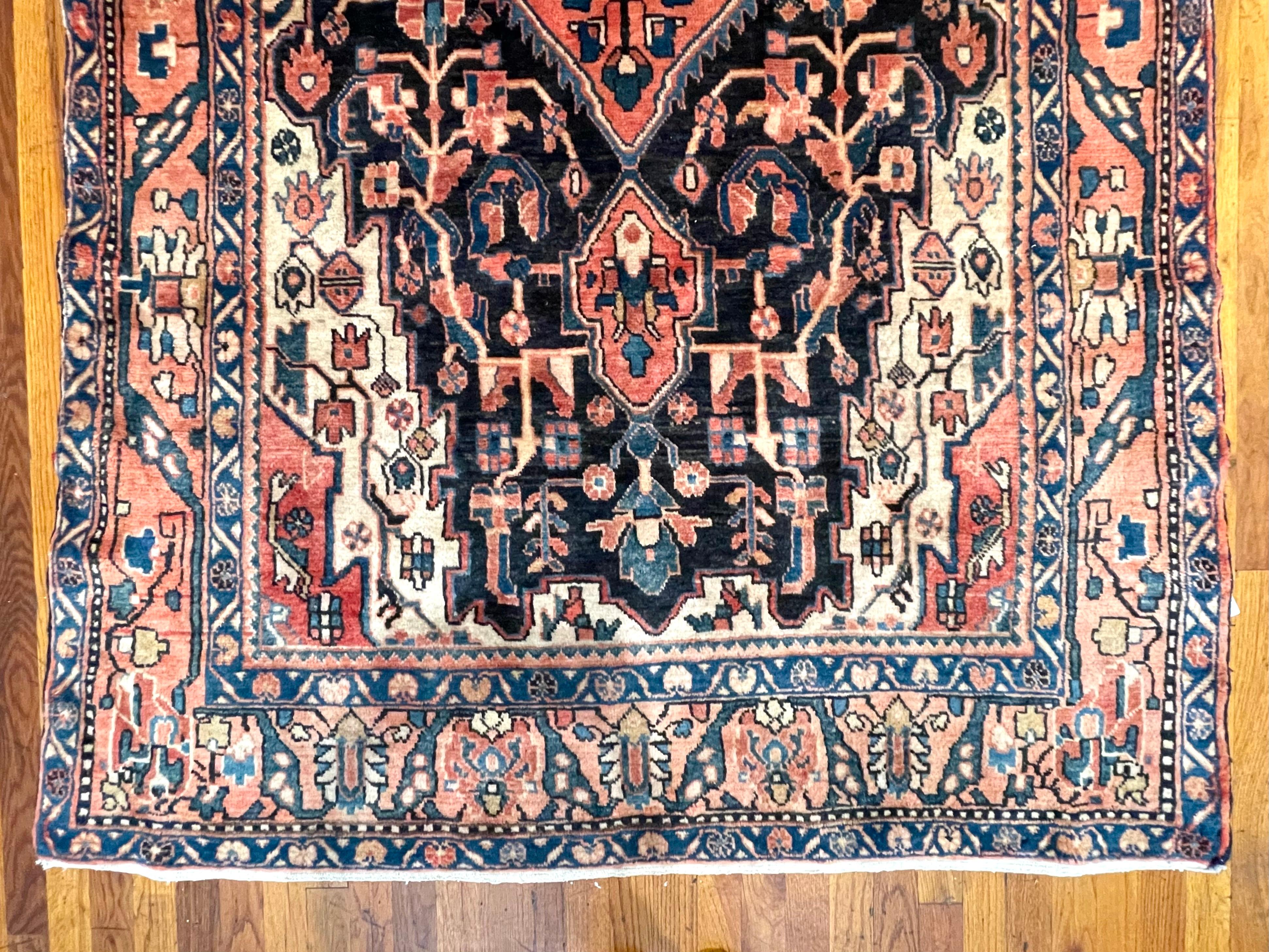 Tribal Authentic Persian Nahavandi Geometric Blue Rug 1960 Circa For Sale
