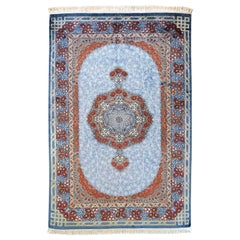 Authentic Persian Qum Hand Knotted Medallion Floral Blue Silk Rug