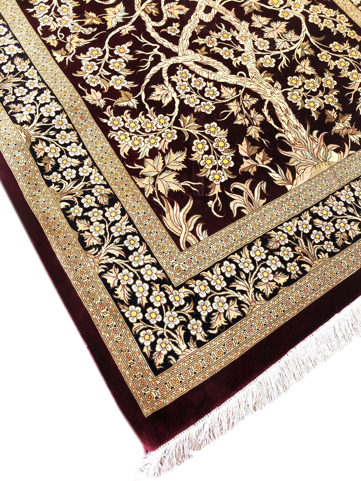 Handgeknüpfter, authentischer, persischer Qum-Teppich in Burgunderrot aus Seide, Baum des Lebens im Angebot 6
