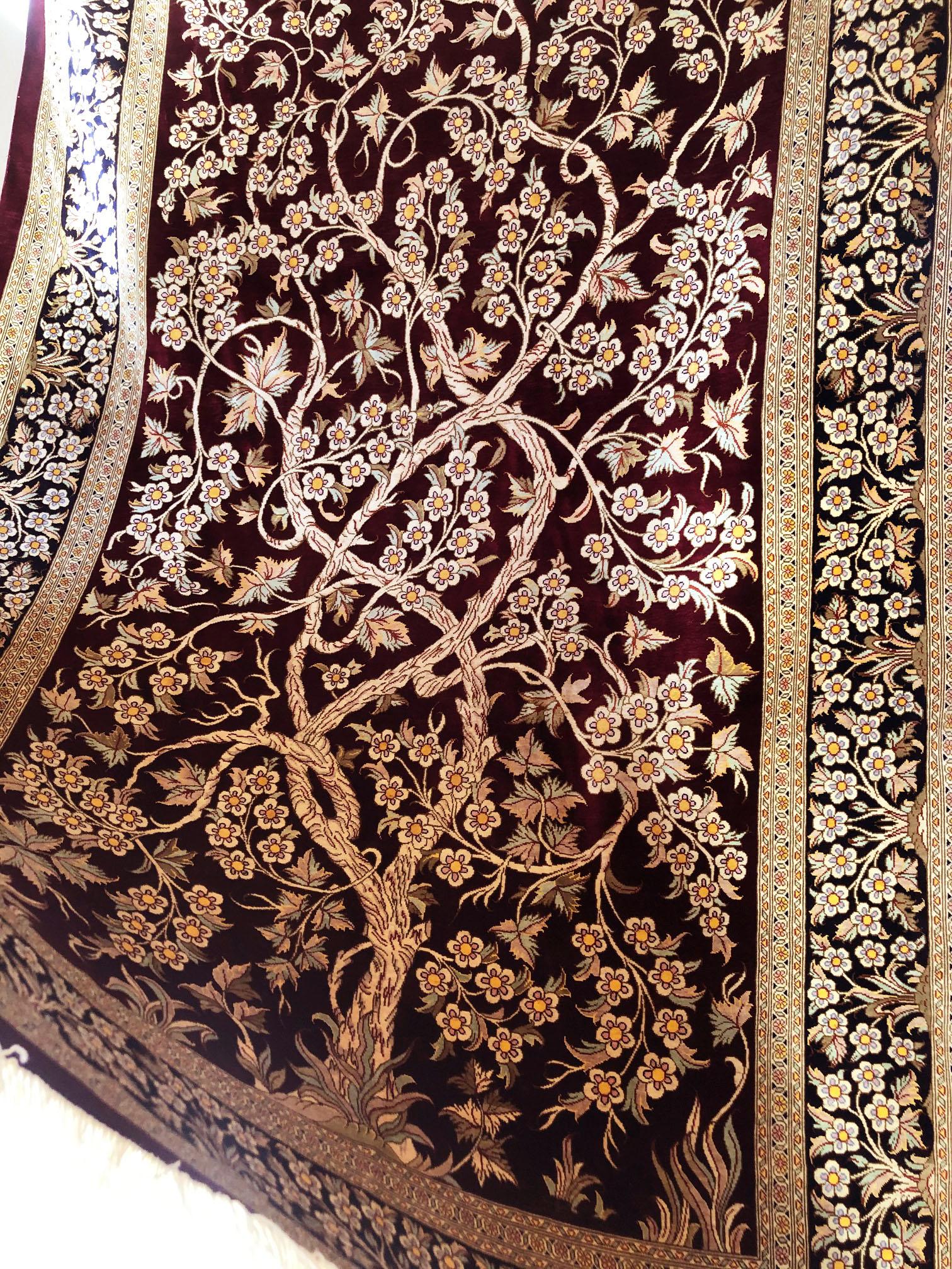 Authentic Persian Qum Hand Knotted Tree of Life Burgundy Silk Rug For Sale 7