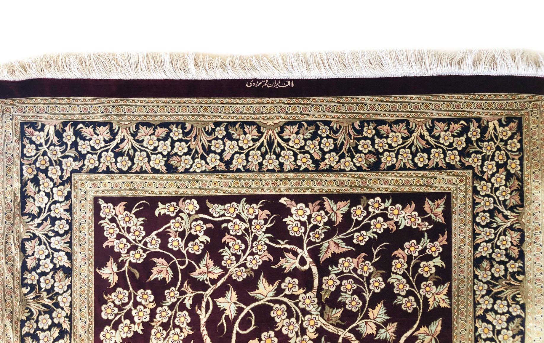 Handgeknüpfter, authentischer, persischer Qum-Teppich in Burgunderrot aus Seide, Baum des Lebens im Angebot 2