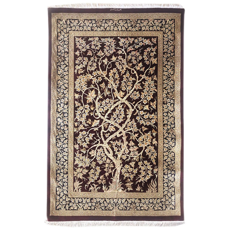 Authentic Persian Qum Hand Knotted Tree of Life Burgundy Silk Rug For Sale at 1stDibs qum silk