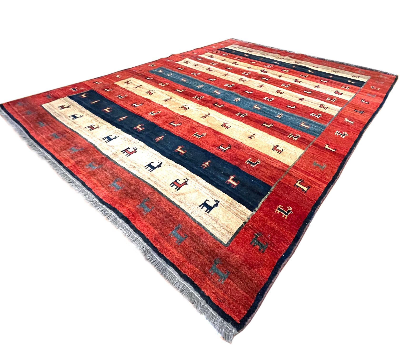 Authentic Persian Shiraz Hand Knotted Tribal Animal Motif Red Blue Gabbeh For Sale 4