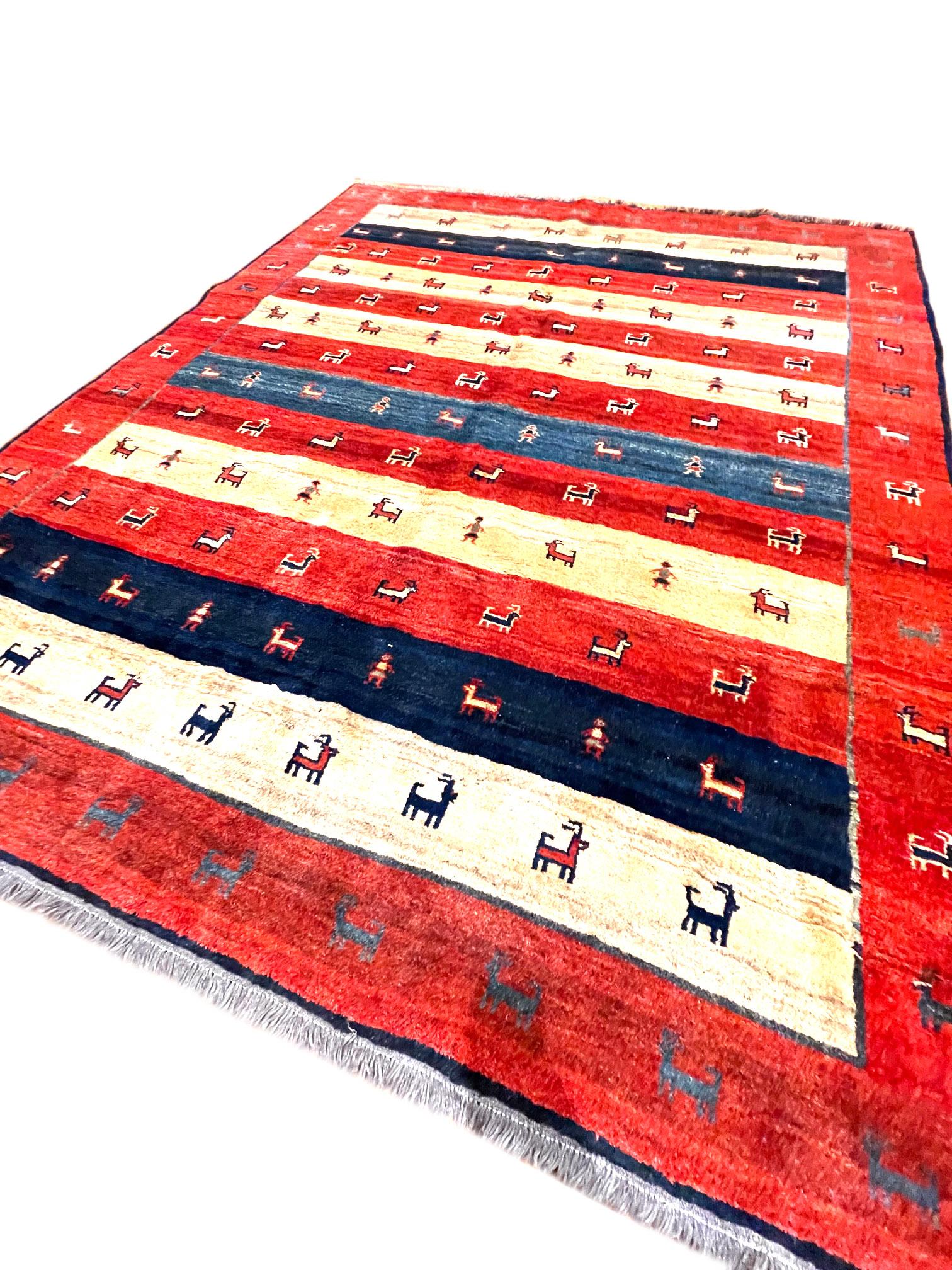 Authentic Persian Shiraz Hand Knotted Tribal Animal Motif Red Blue Gabbeh For Sale 5