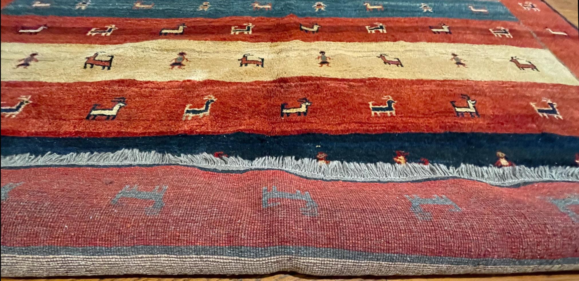 Authentic Persian Shiraz Hand Knotted Tribal Animal Motif Red Blue Gabbeh For Sale 6