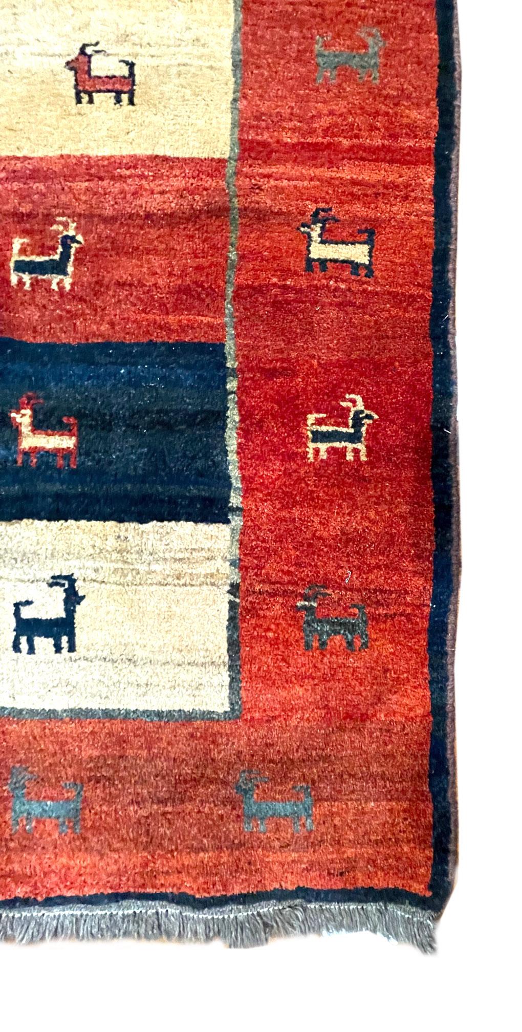 Hand-Knotted Authentic Persian Shiraz Hand Knotted Tribal Animal Motif Red Blue Gabbeh For Sale