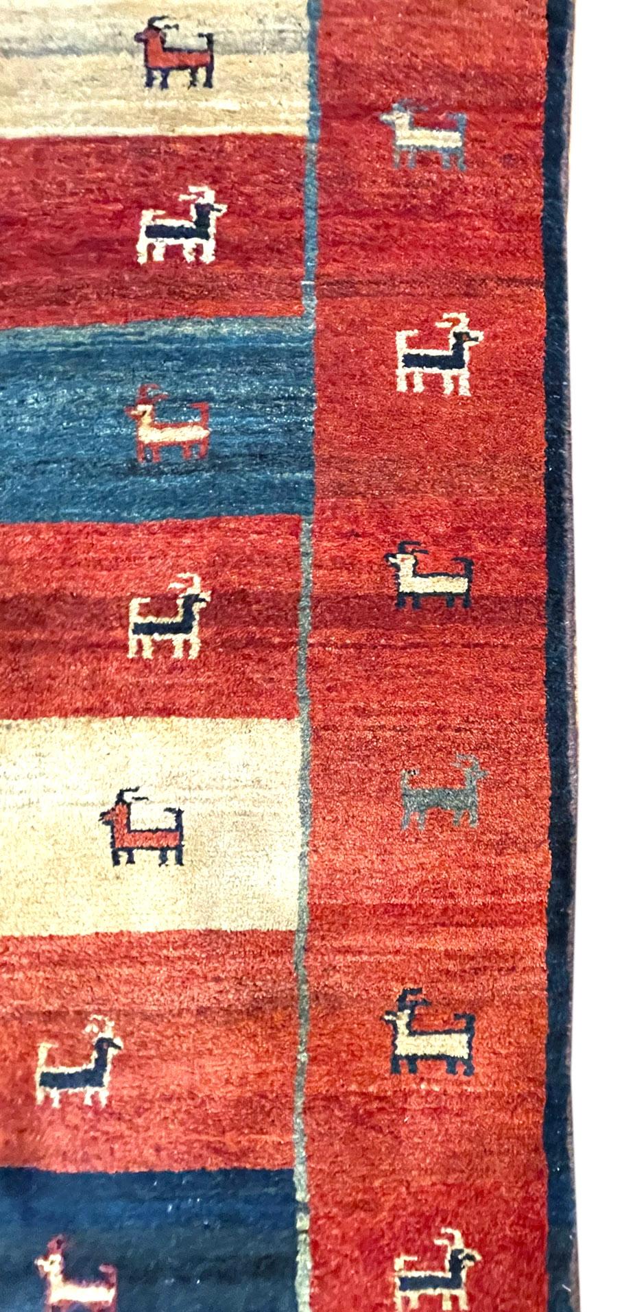 Authentic Persian Shiraz Hand Knotted Tribal Animal Motif Red Blue Gabbeh In Good Condition For Sale In San Diego, CA