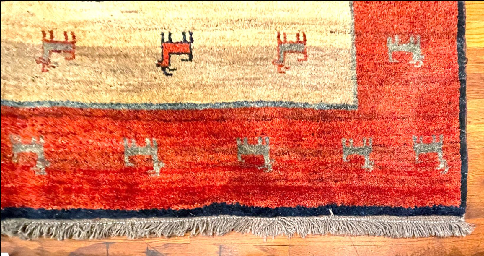 Wool Authentic Persian Shiraz Hand Knotted Tribal Animal Motif Red Blue Gabbeh For Sale