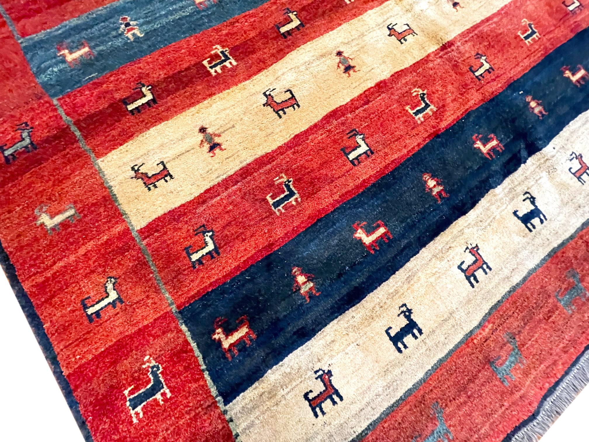 Authentic Persian Shiraz Hand Knotted Tribal Animal Motif Red Blue Gabbeh For Sale 2