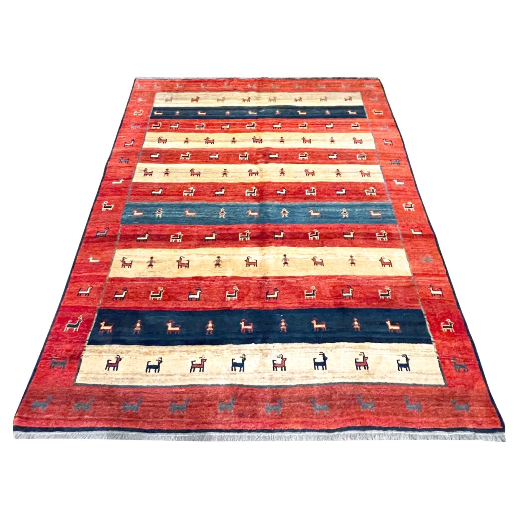 Authentic Persian Shiraz Hand Knotted Tribal Animal Motif Red Blue Gabbeh For Sale